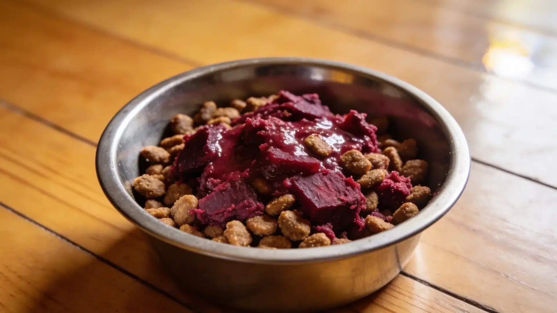 Dog bowl with kibble topped with beetroot pulp on wooden floor, showing natural fiber addition for dogs
