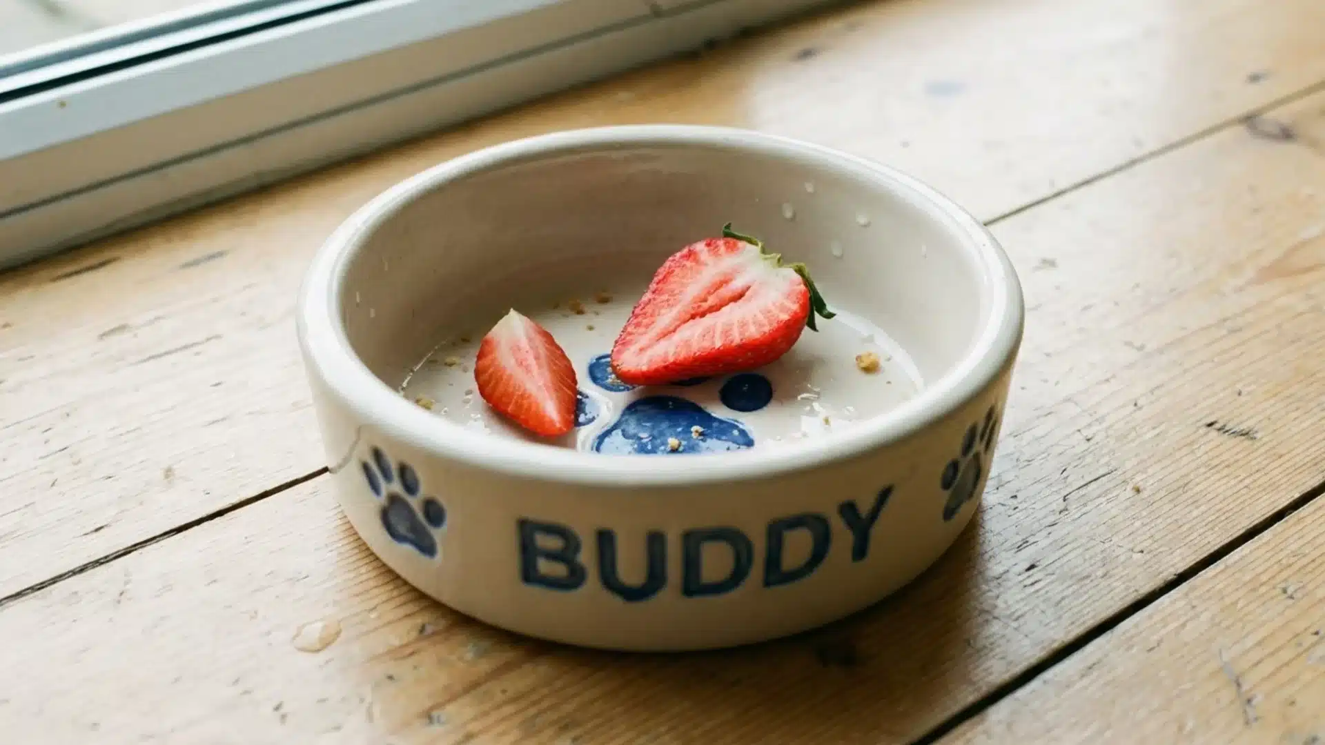 Dog bowl with strawberry slices on wooden floor, showing fresh fiber-rich fruit treat for dogs