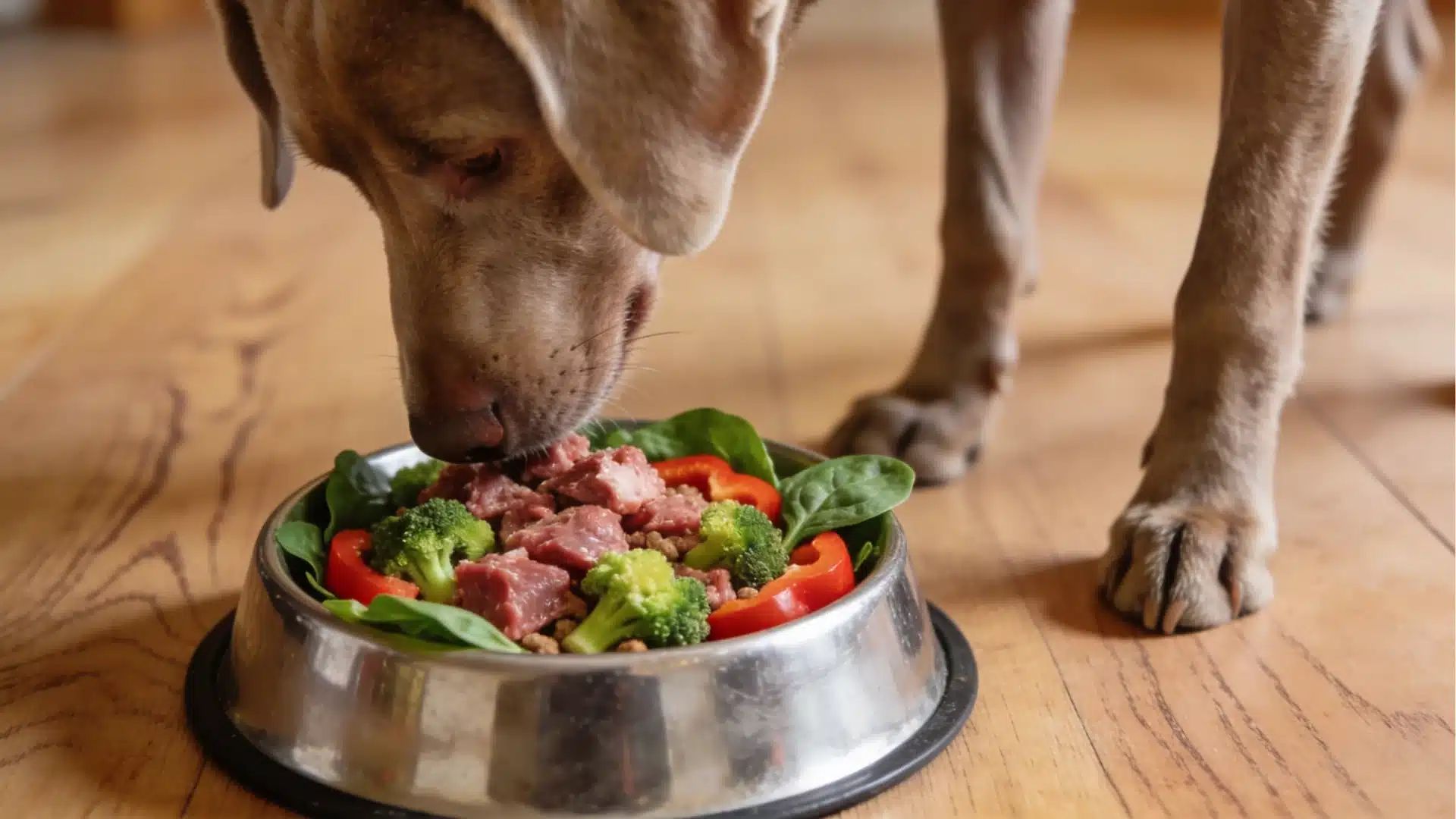 Dog eating fresh raw food in bowl with green vegetables and meat placed on wooden floor indoors