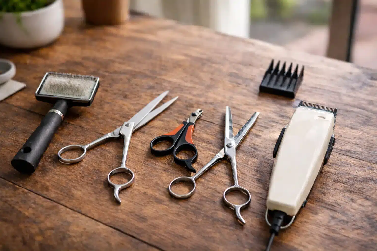 Dog grooming tools including brush, scissors, nail clippers and electric trimmer on wooden table