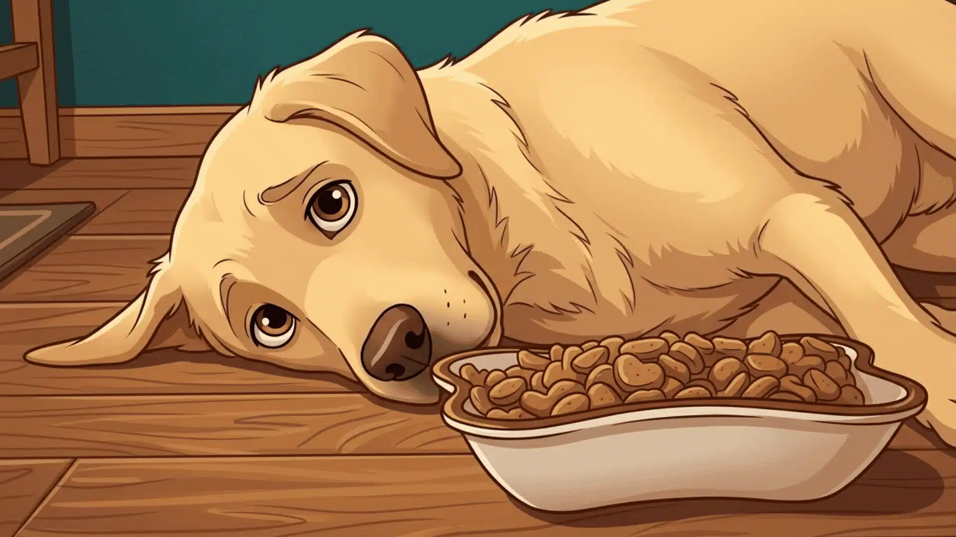 Dog lying beside a bowl of dry food showing loss of appetite due to possible allergic reaction