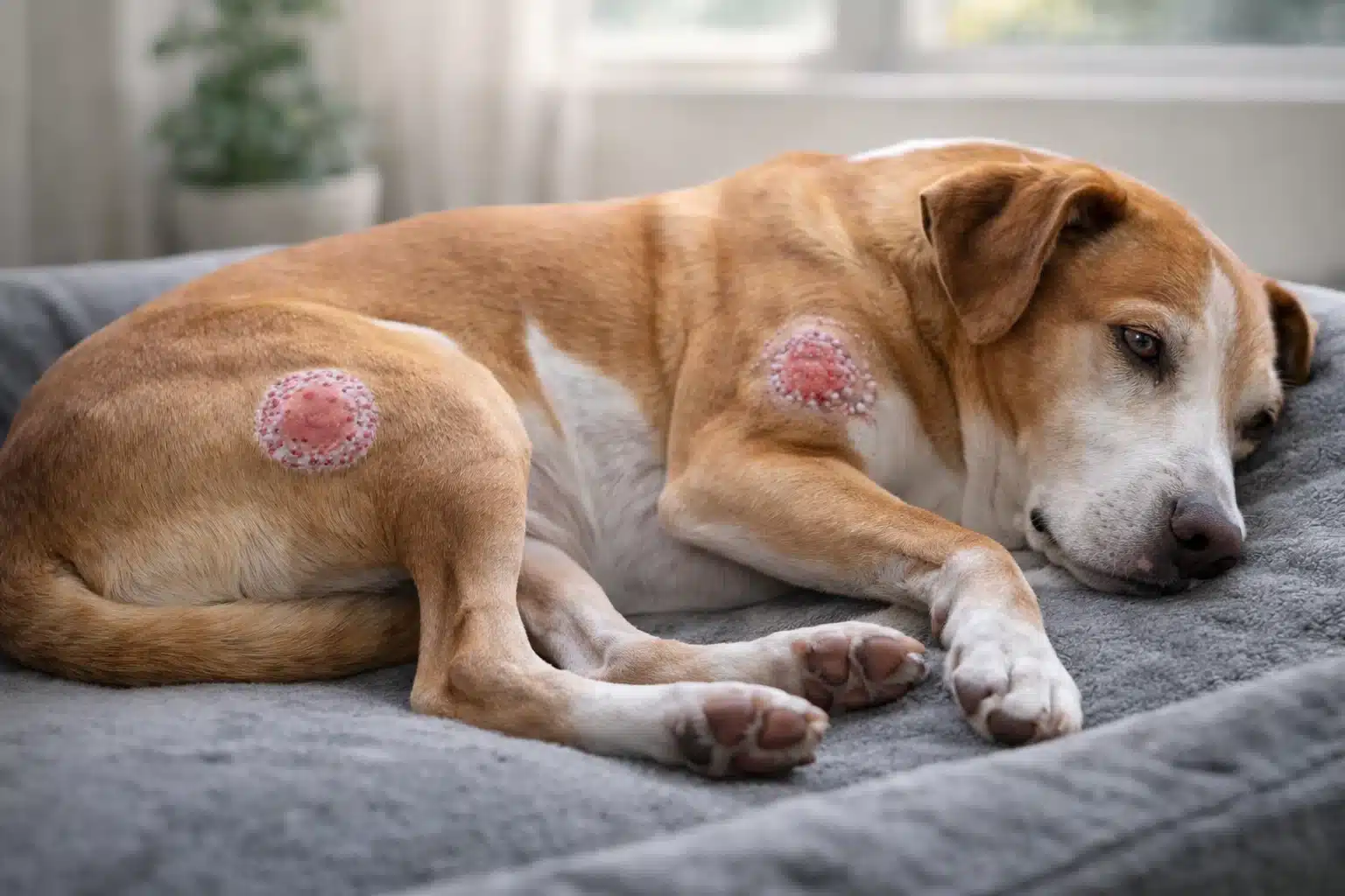 Dog lying on bed with circular hairless skin lesions from ringworm and yeast infection