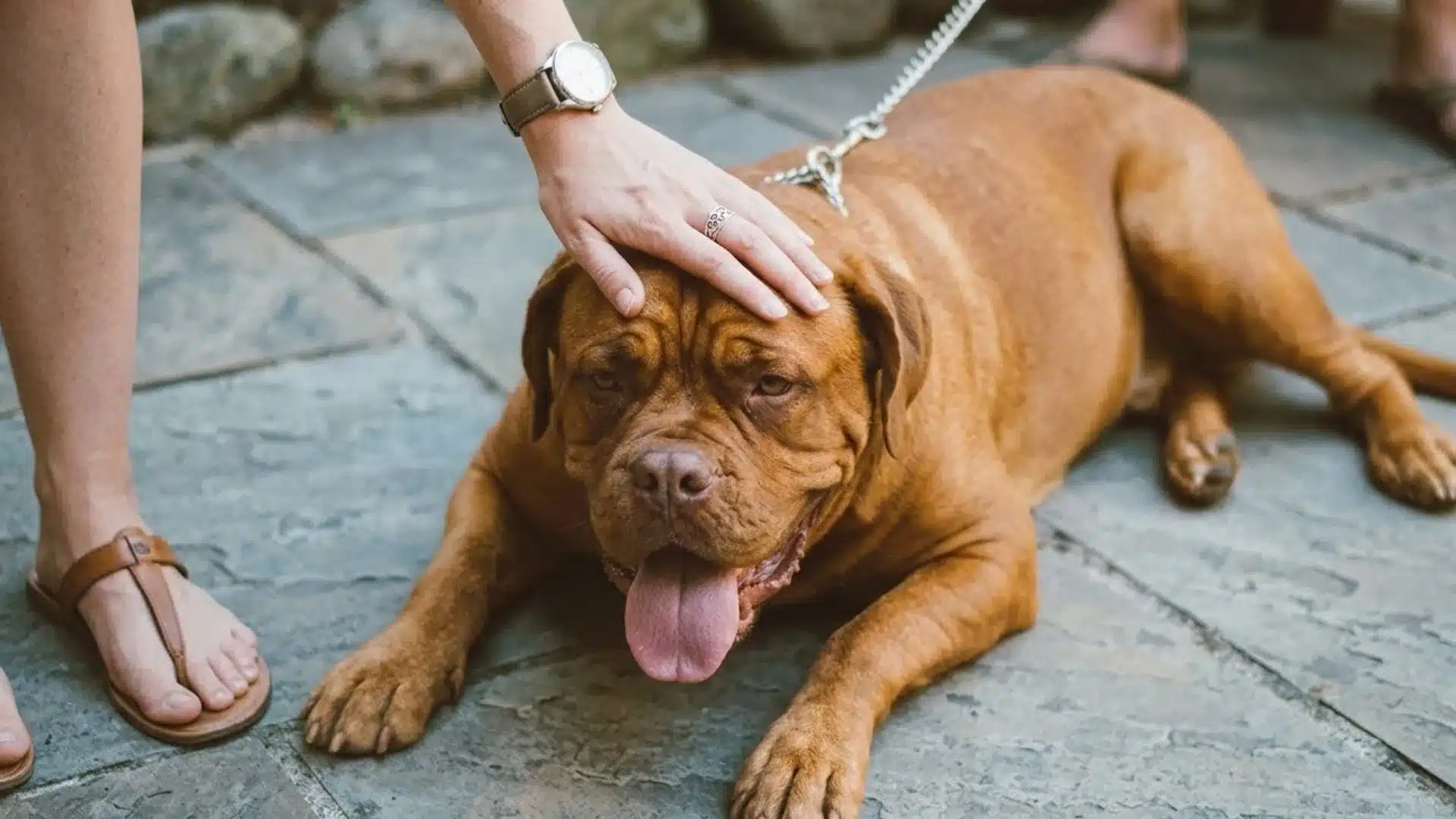 Dog lying on pavement while owner gently checks condition during outdoor walk, monitoring dog health after vomiting episode