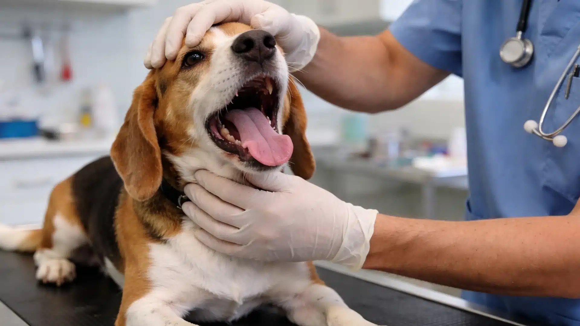 Dog on veterinary exam table with vet hands holding jaw and throat to induce vomiting in clinic setting