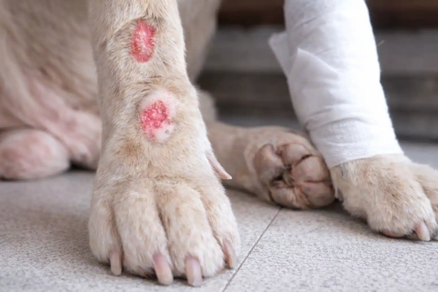 Dog paw and lower leg with red inflamed sores caused by acral lick dermatitis and excessive licking