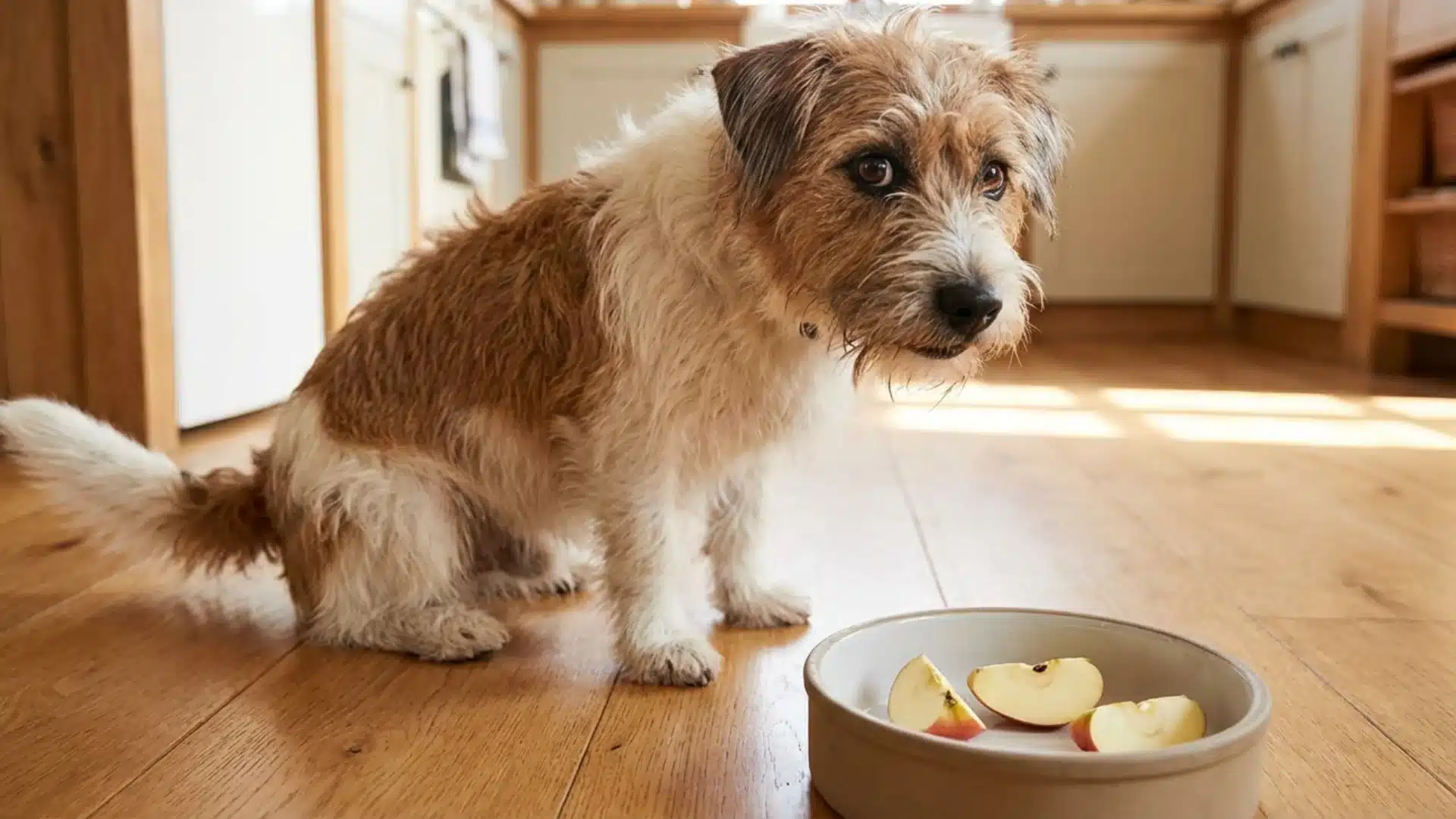 Dog sitting on wooden floor looking at bowl with apple slices, showing healthy fruit snack for dogs