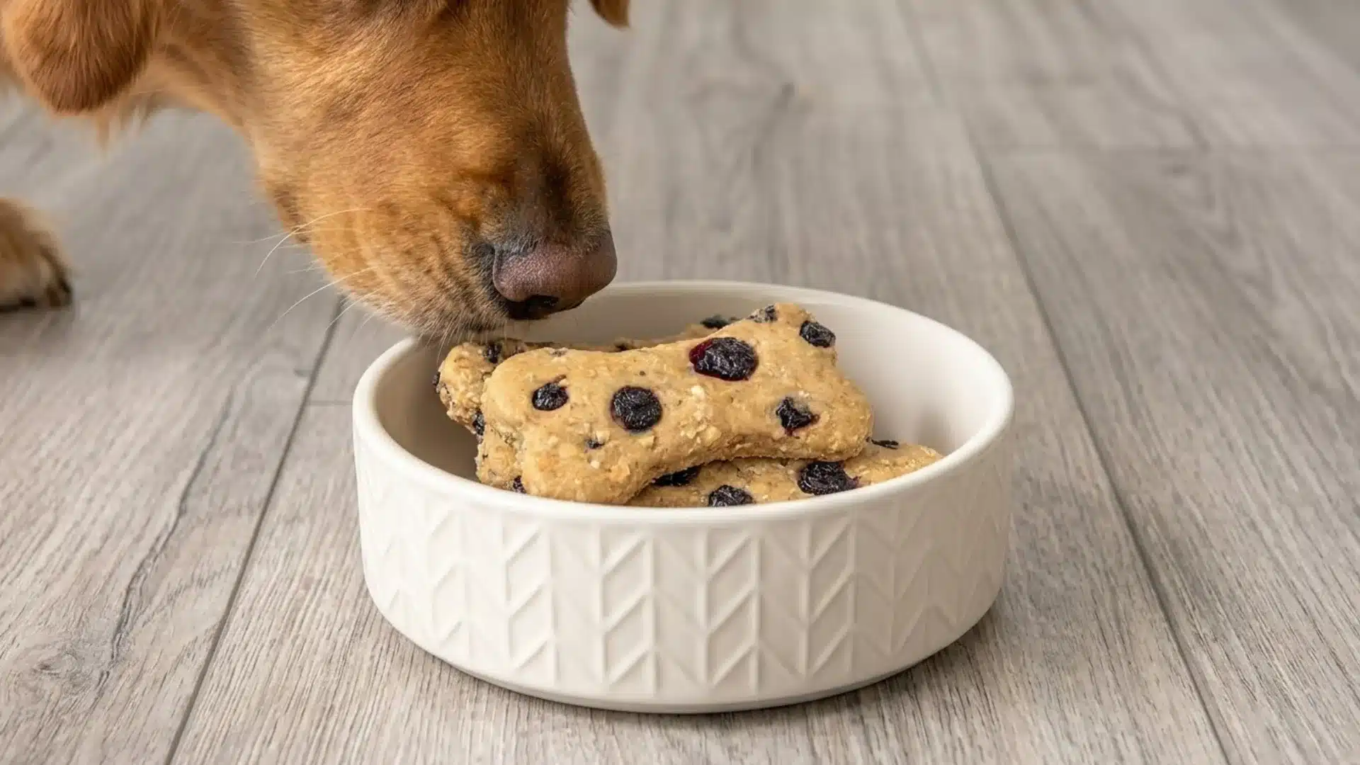 Dog sniffing blueberry flaxseed biscuits in a bowl on wooden floor, close-up with natural light and visible texture