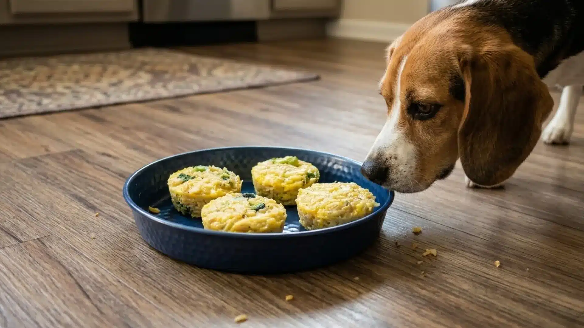 Dog sniffing broccoli and chicken bites on a plate, soft textured treats on wooden floor with natural light