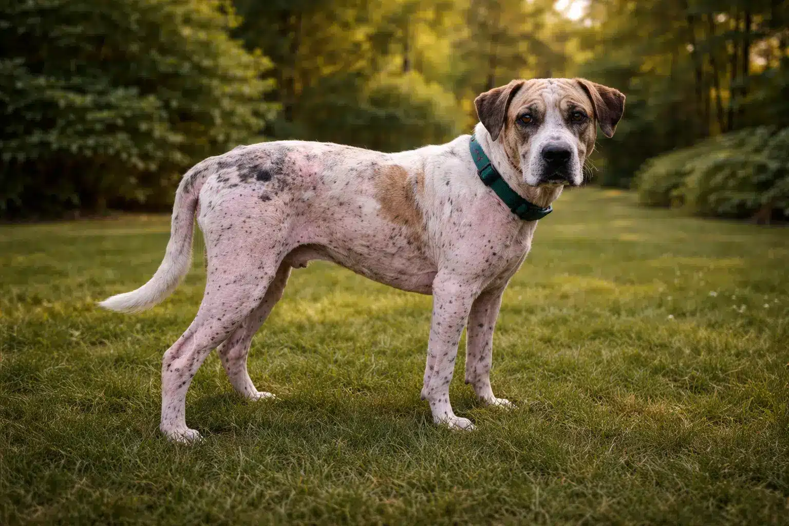 Dog standing on grass with hair loss and irritated skin caused by mange infection