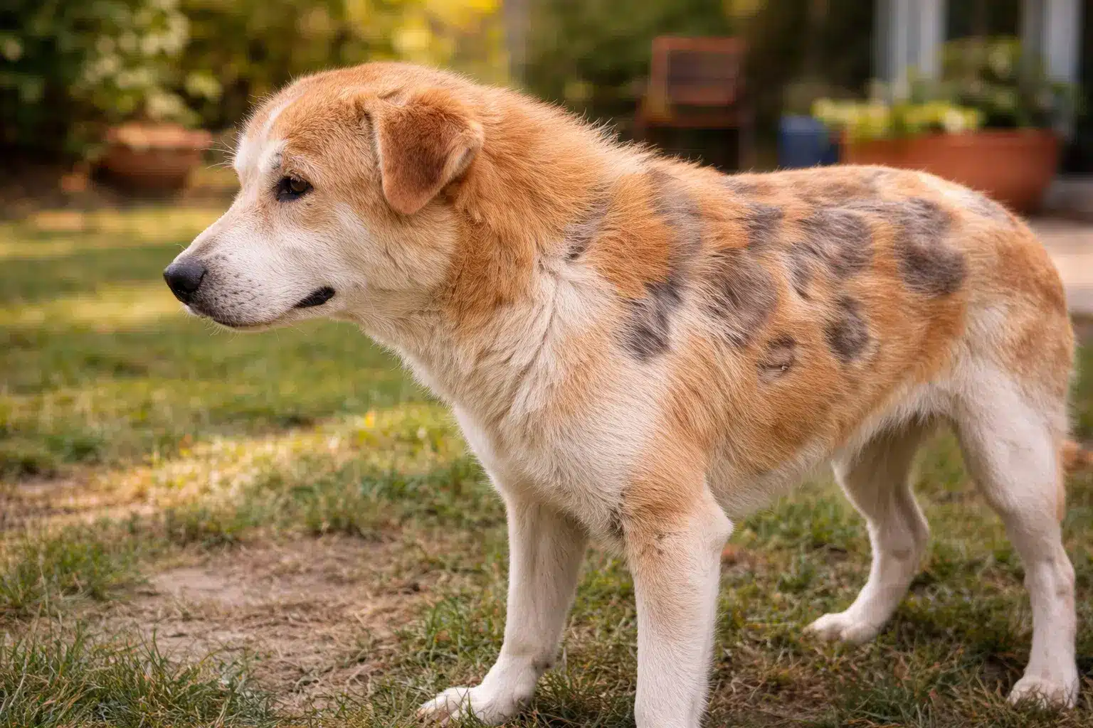 Dog standing outdoors with visible patchy hair loss consistent with alopecia