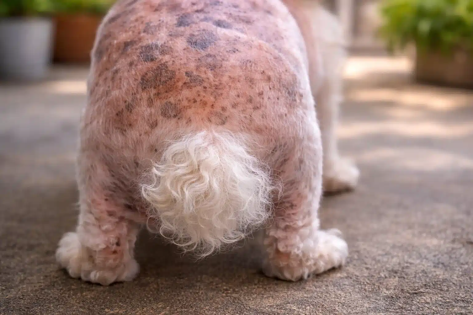 Dog with hair loss and dark skin spots on lower back and tail area, showing signs of canine skin allergies outdoors