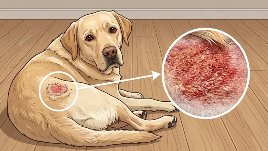 Dog with red irritated skin patch showing allergic dermatitis close-up with inflamed and damaged skin