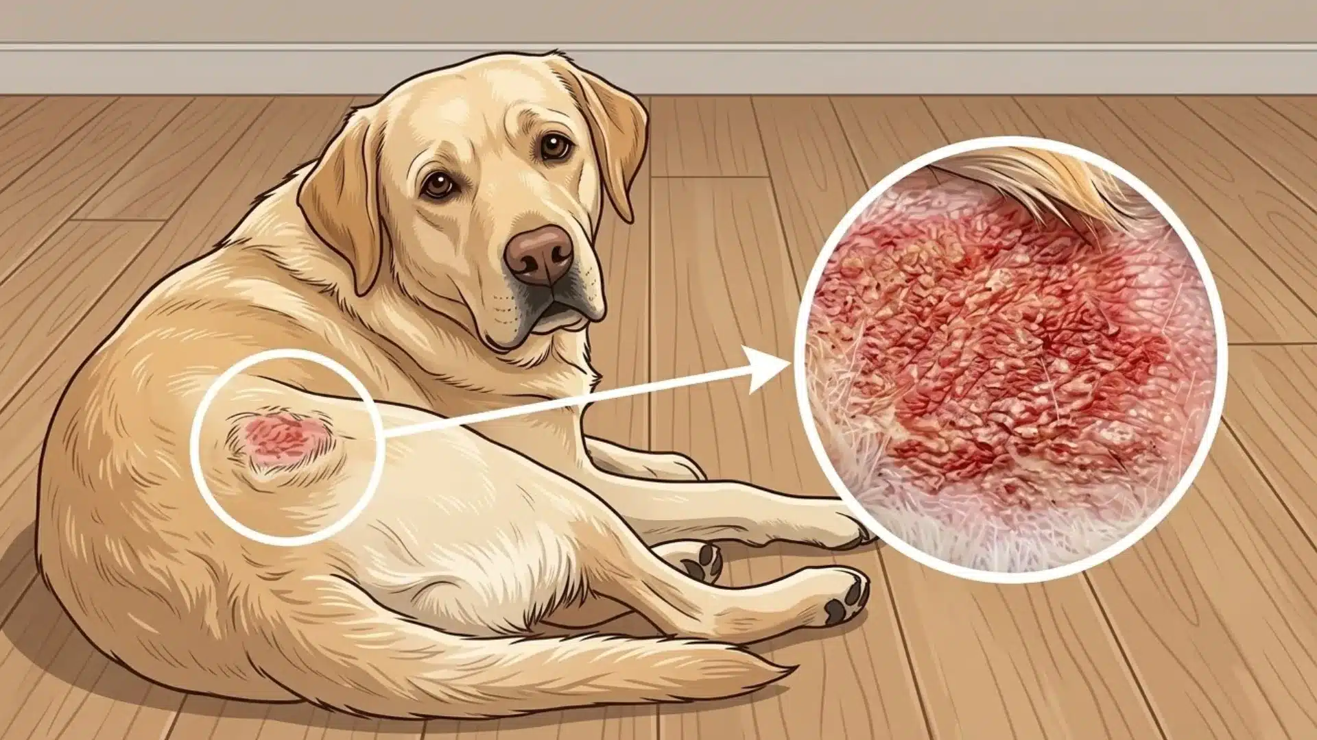 Dog with red irritated skin patch showing allergic dermatitis close-up with inflamed and damaged skin