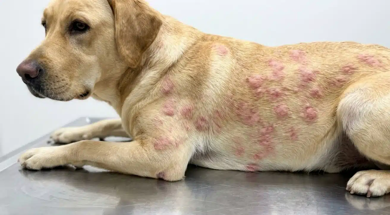 Dog with red skin rash and hives showing signs of an allergic reaction during veterinary examination