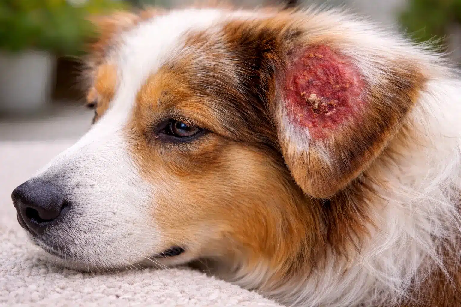 Dog with severe red hot spot wound on ear resting on carpet indoors, showing inflamed irritated skin condition
