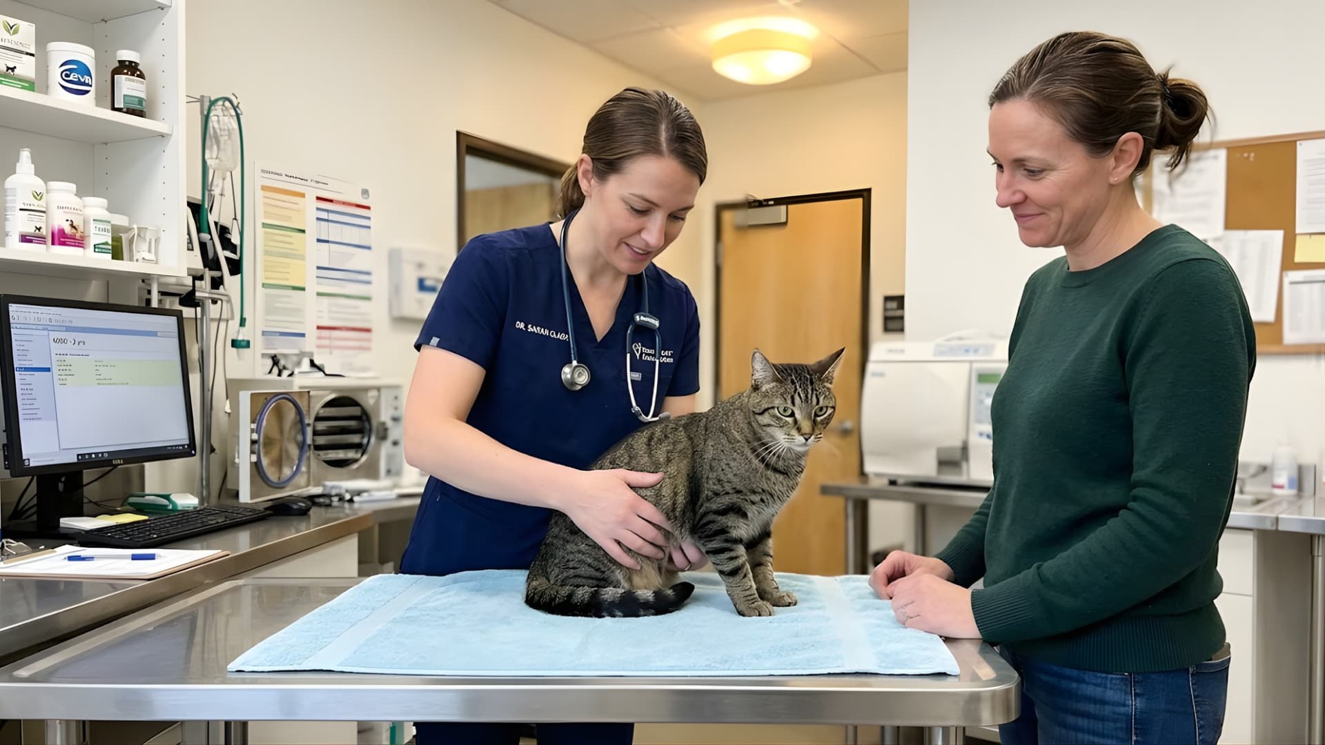 Domestic cat sitting on an examination table while a veterinarian gently checks its abdomen