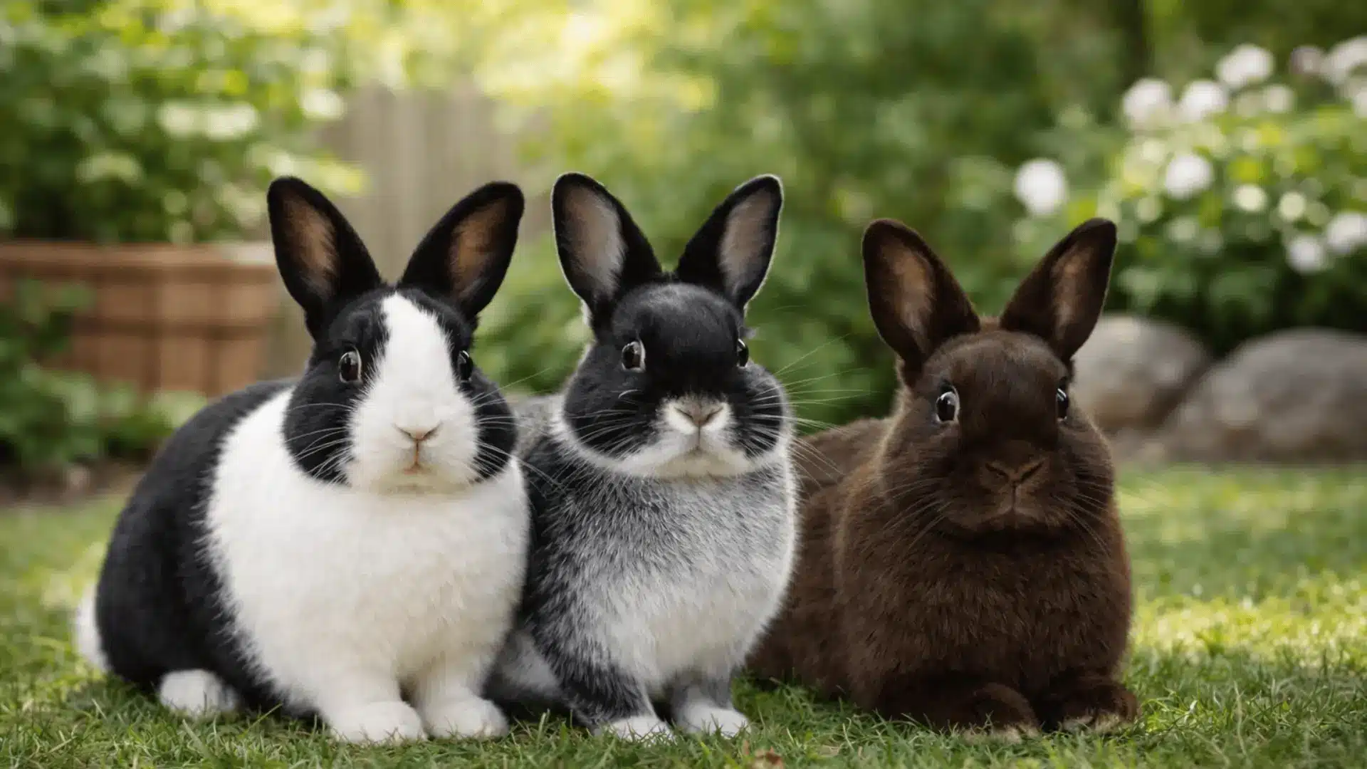 Dutch, Silver Marten, and Havana rabbits sitting together on backyard grass in natural light