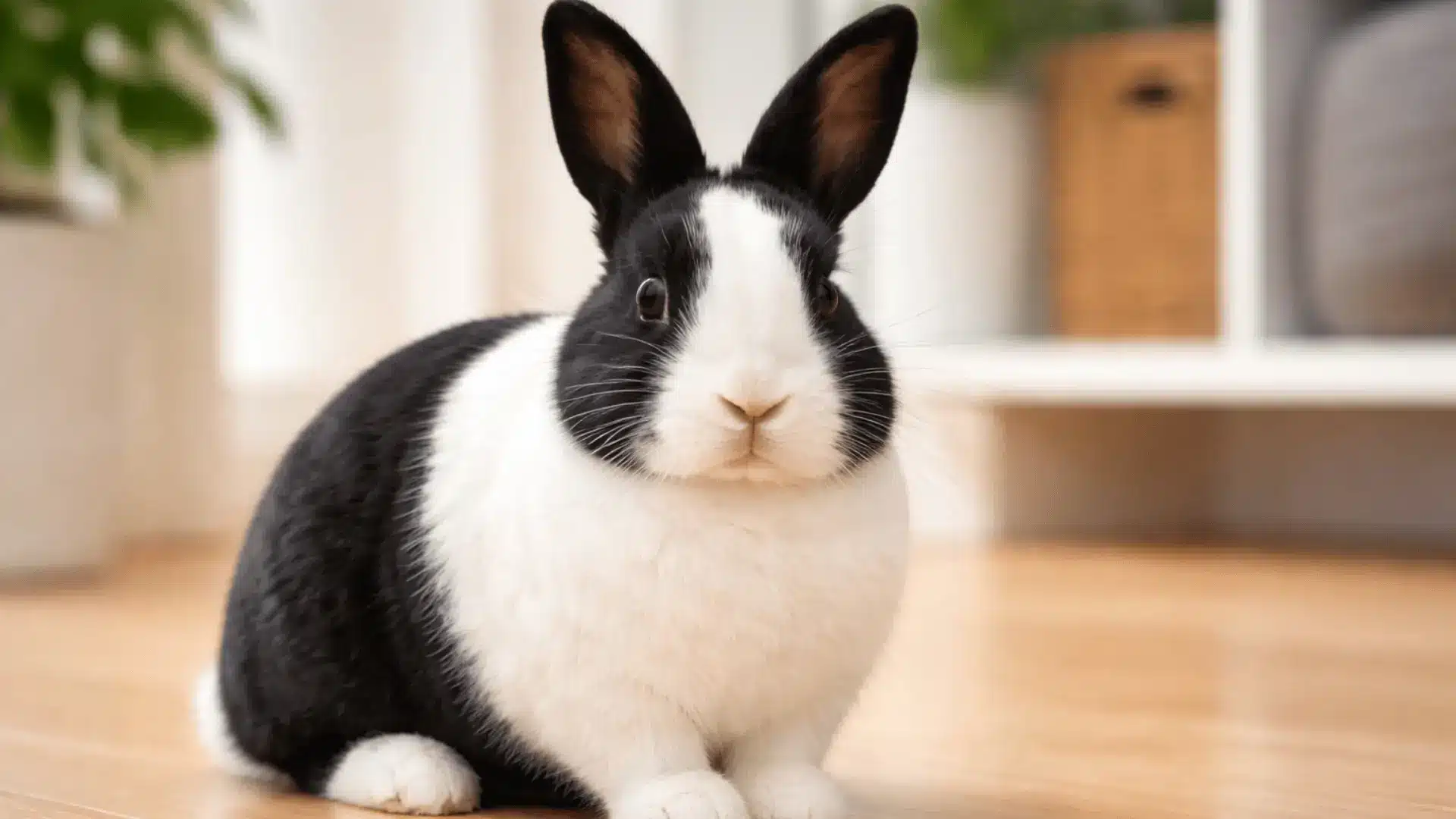 Dutch rabbit sitting on indoor hardwood floor with black and white coat and upright ears