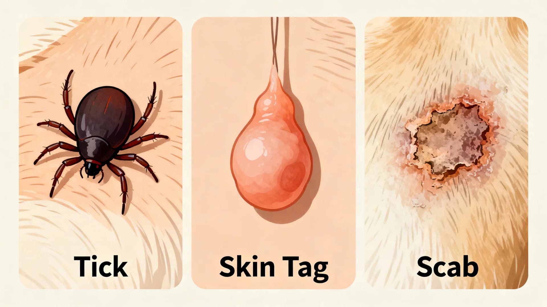 Educational infographic comparing tick, skin tag, and scab on dog skin, side-by-side layout with three labeled sections