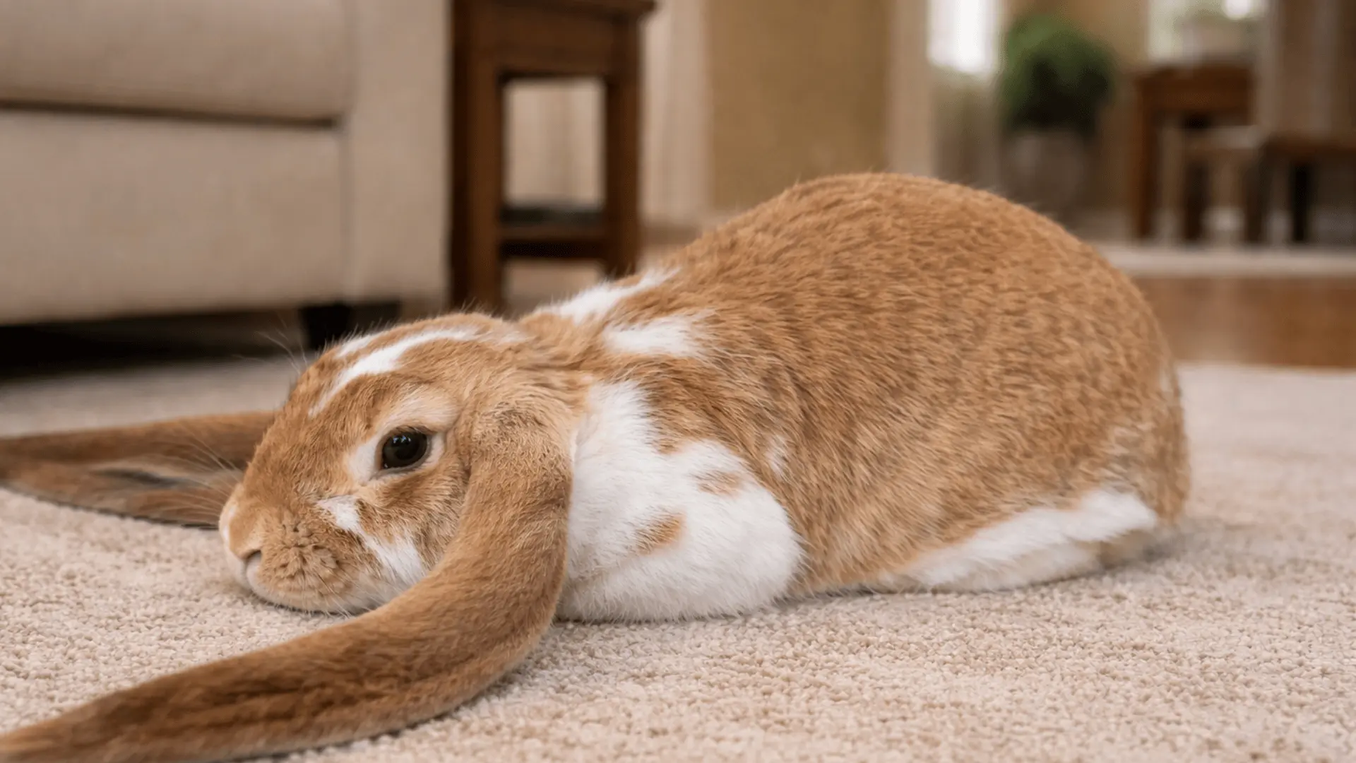 English Lop rabbit displaying extremely long ears and elongated body posture