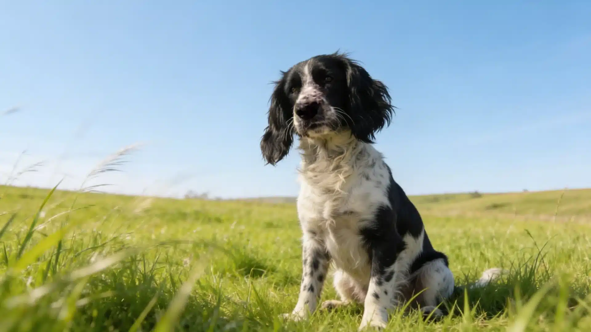 English Springer Spaniel sitting on green grass in open field under bright clear daylight sky