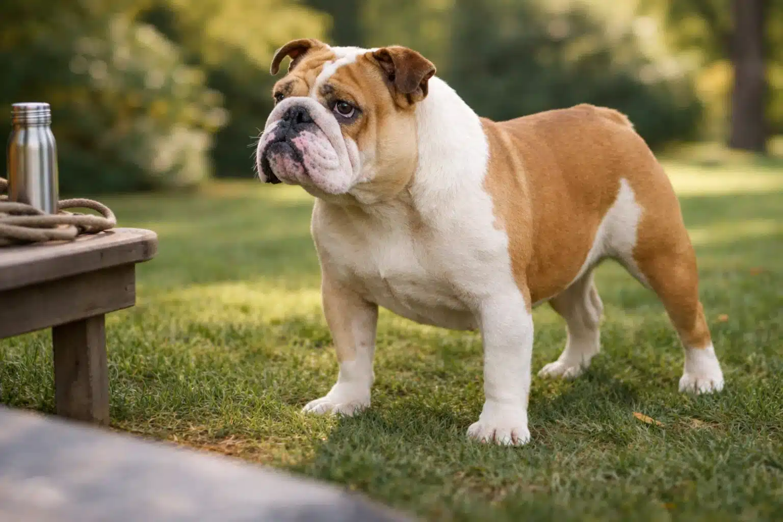 English bulldog standing on grass in a park near a wooden bench