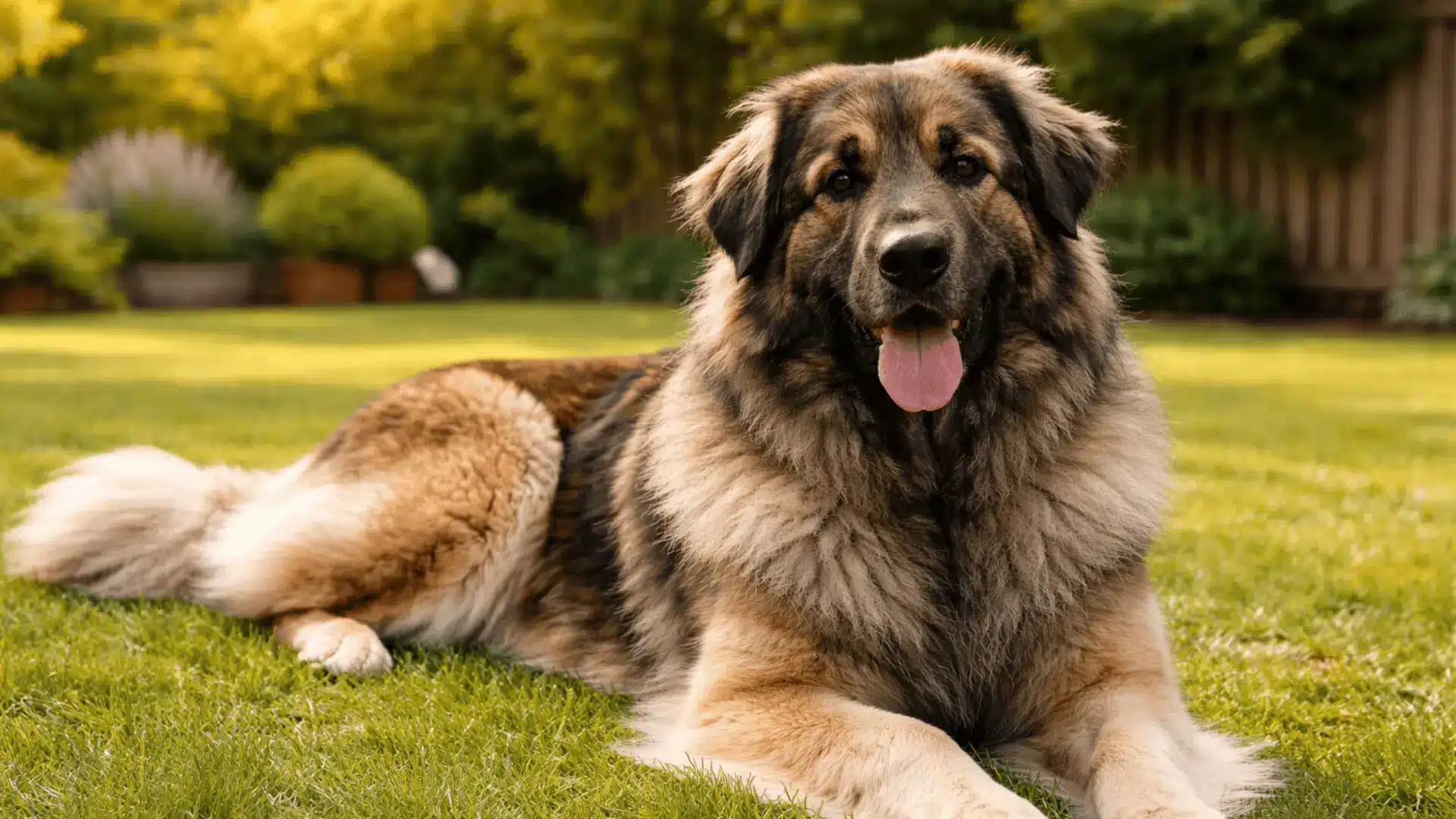 Estrela Mountain Dog lying on green grass in a backyard, thick mountain coat visible in natural outdoor light