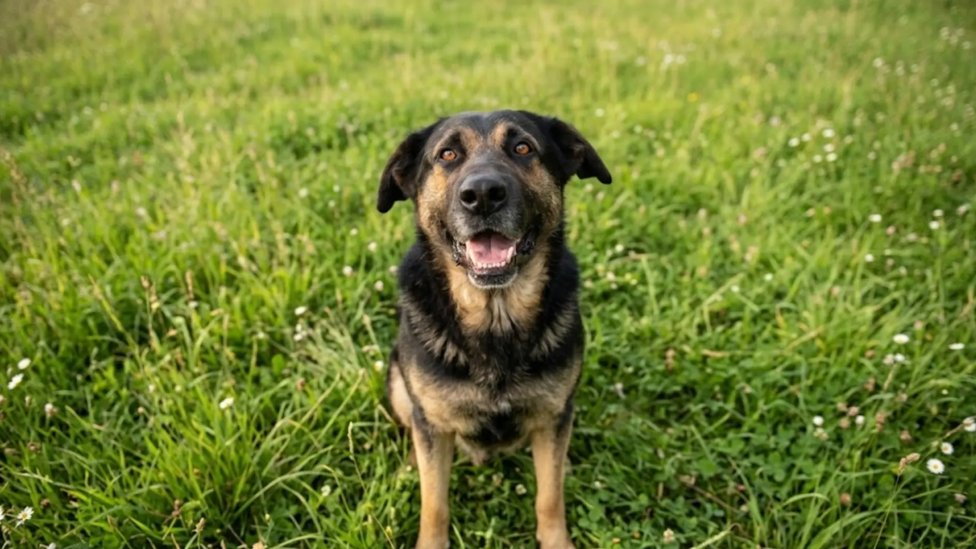 Estrela Mountain Dog sitting in a grassy field, showing its black and tan coat, strong muscular build, and alert working dog expression