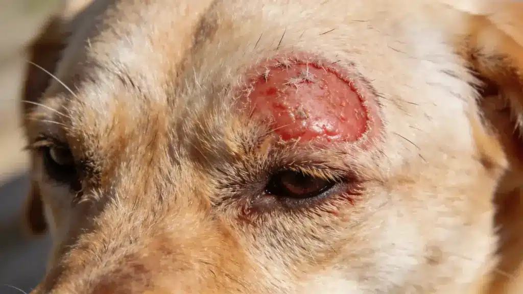 Extreme close-up of a dog's face with a large, red, circular skin lesion above its right eye. It looks raw and inflamed