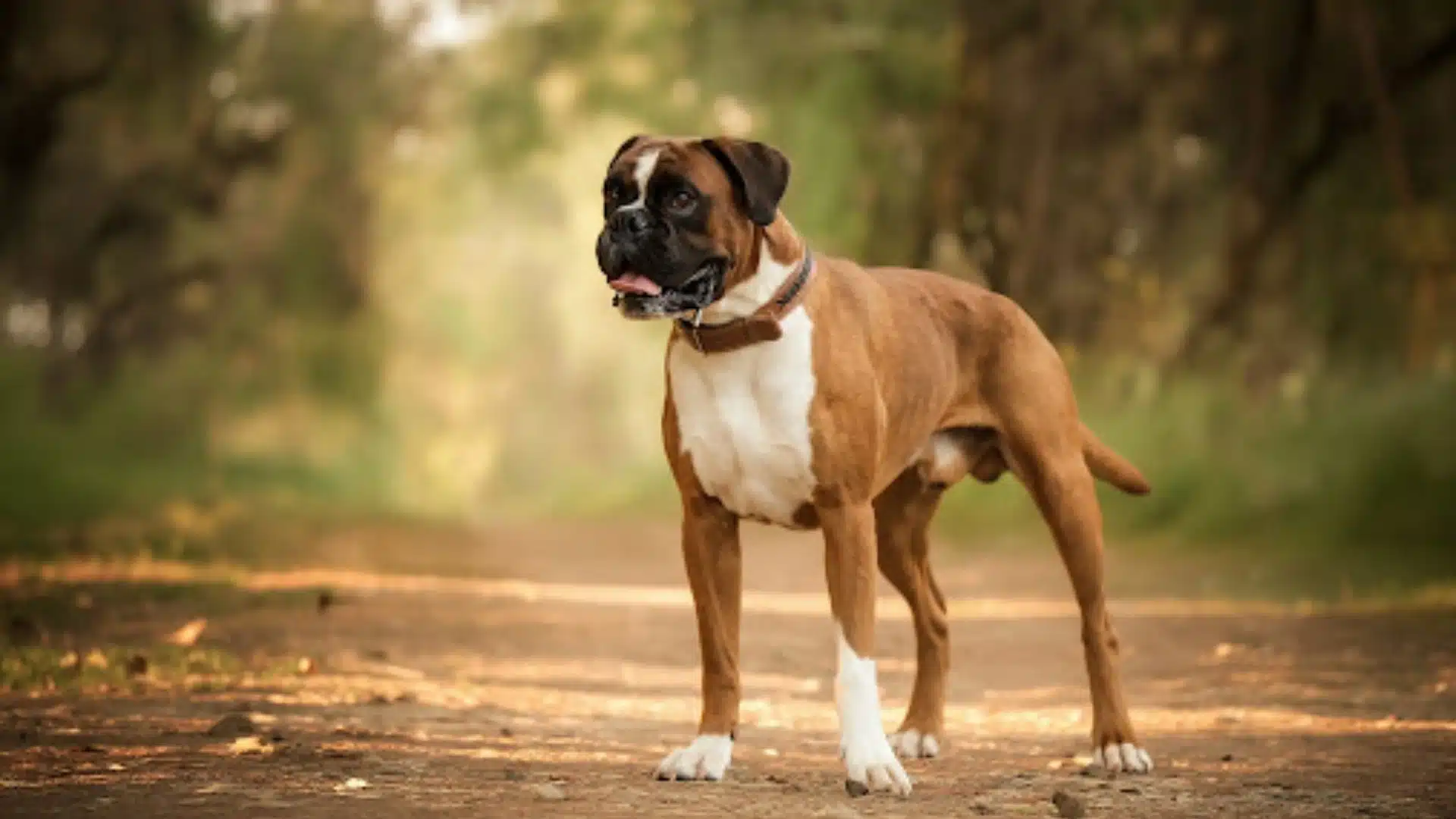 Fawn Boxer dog with white markings standing on a dirt path in a sunlit forest, wearing a brown leather collar