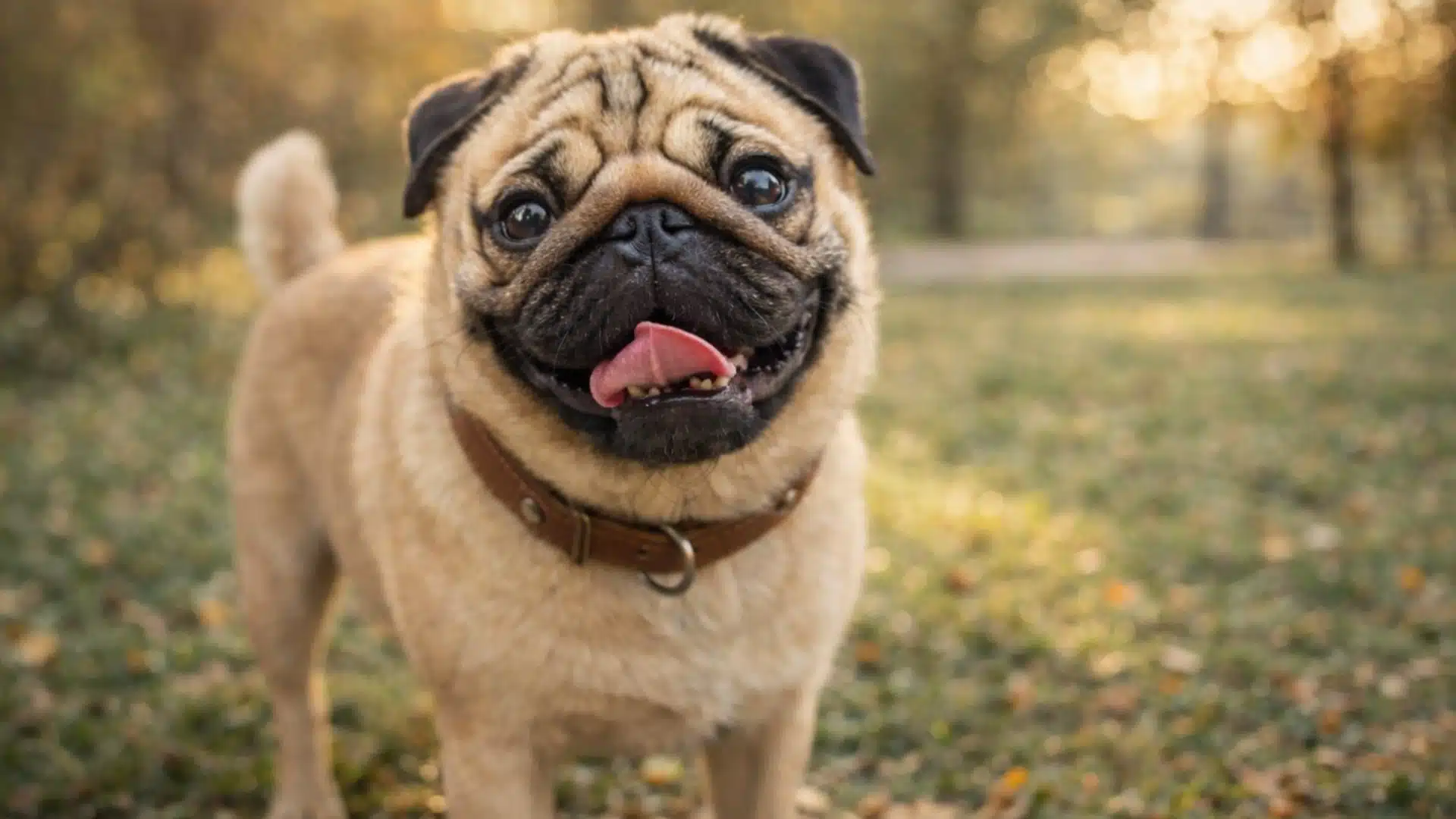 Fawn Pug dog with a black mask smiling in a grassy park at sunset, wearing a brown leather collar with metal hardware