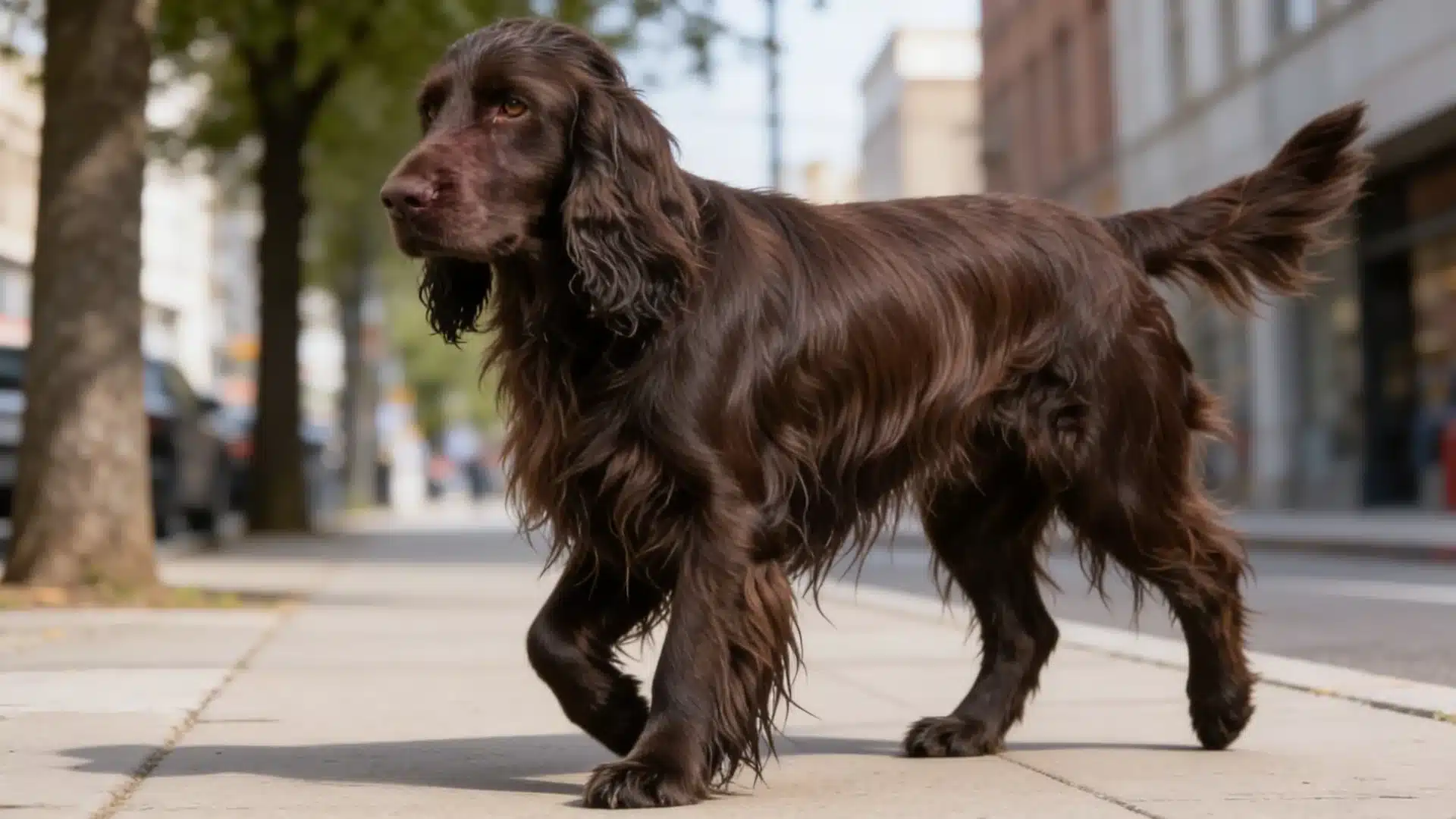 Field Spaniel with long brown coat walking on city pavement sidewalk with trees and buildings in background