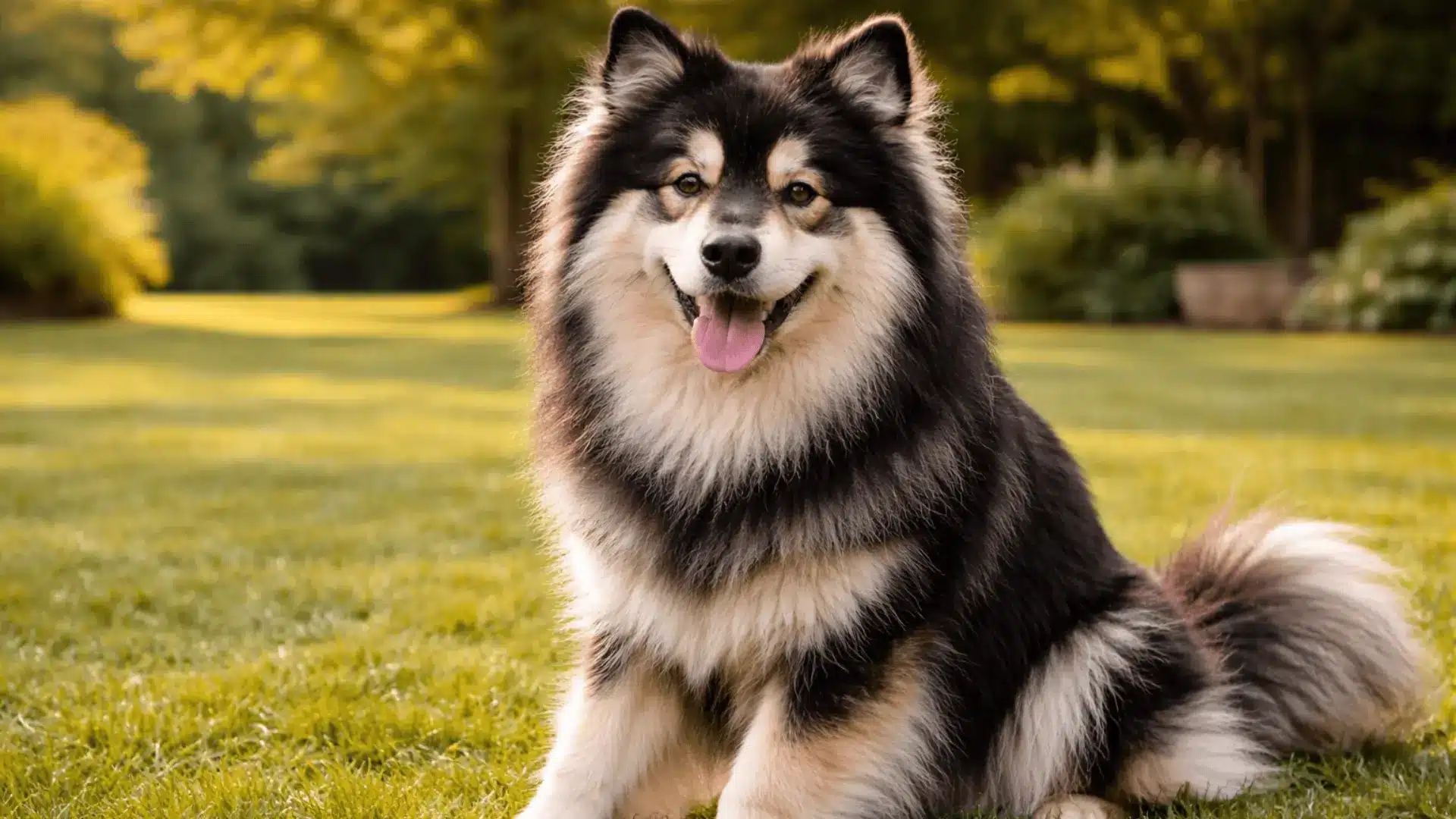 Finnish Lapphund sitting on green grass outdoors, thick double coat and curled fluffy tail in warm sunlight