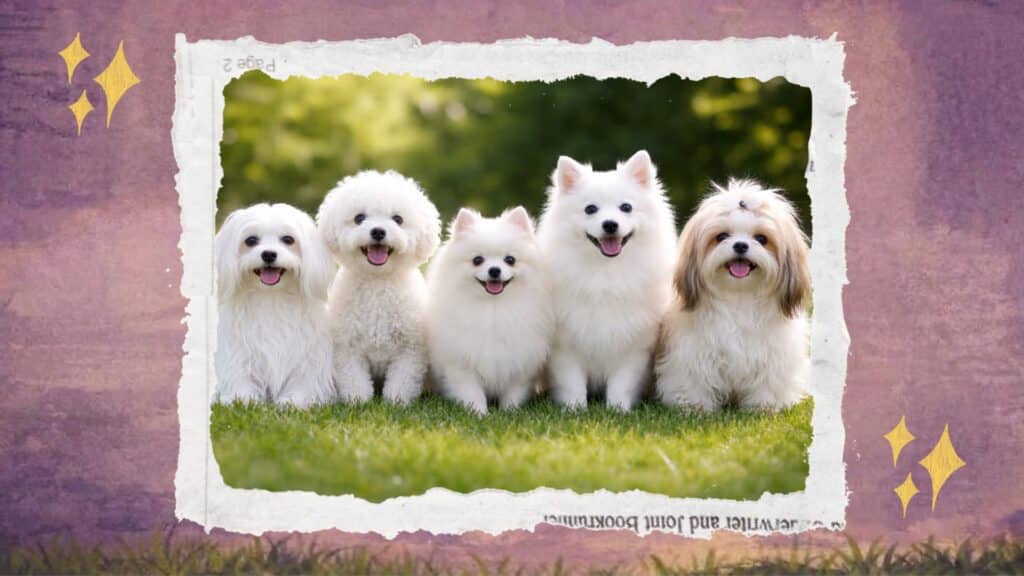 Five fluffy white dogs in a row, framed by a purple, star-sparkled border