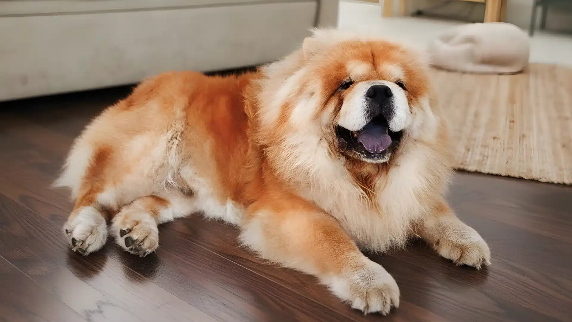 Fluffy brown Chow Chow lying on indoor floor, mouth open and relaxed, with sofa and rug in background
