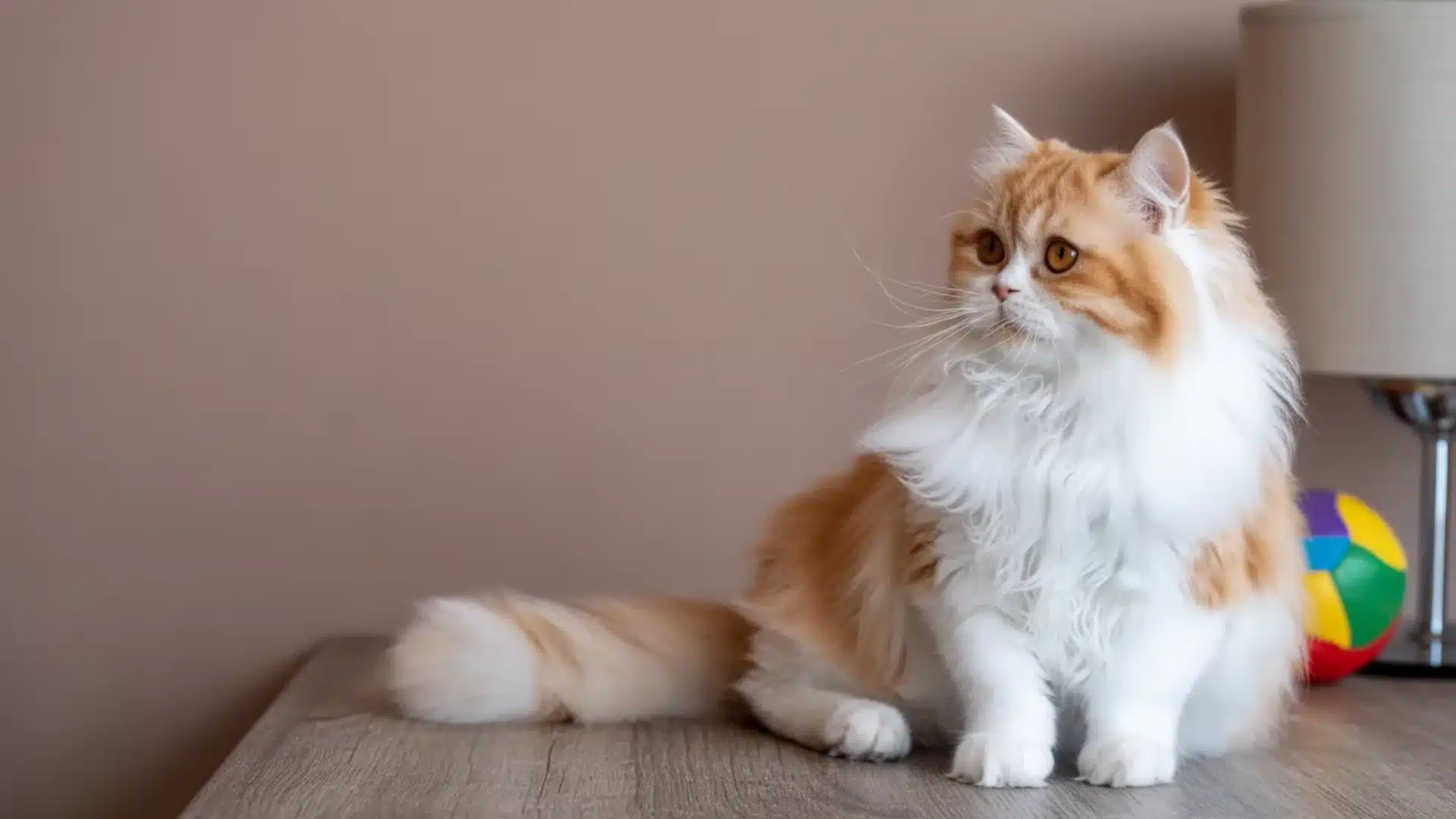 Fluffy orange and white Exotic Shorthair cat sitting indoors on a wooden floor with a soft coat, round face, and bright amber eyes