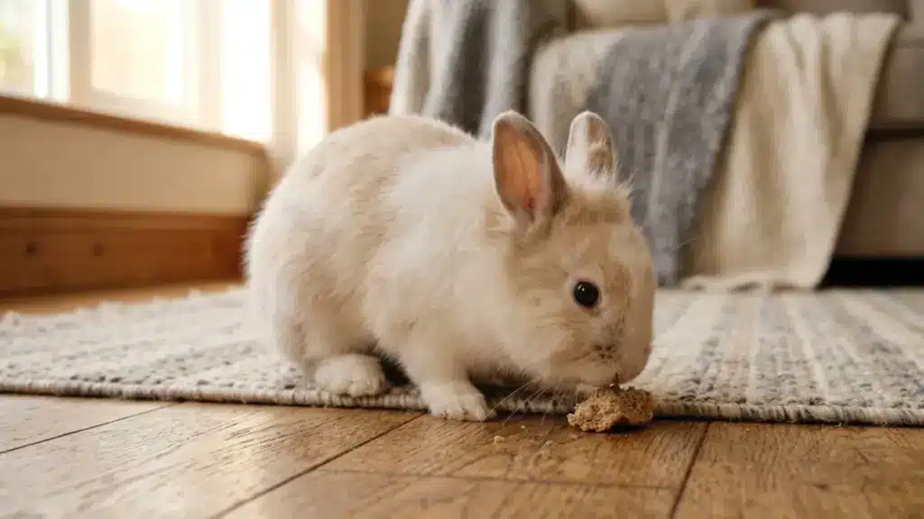 Fluffy rabbit sitting on wooden floor nibbling a small piece of bread in a cozy indoor setting