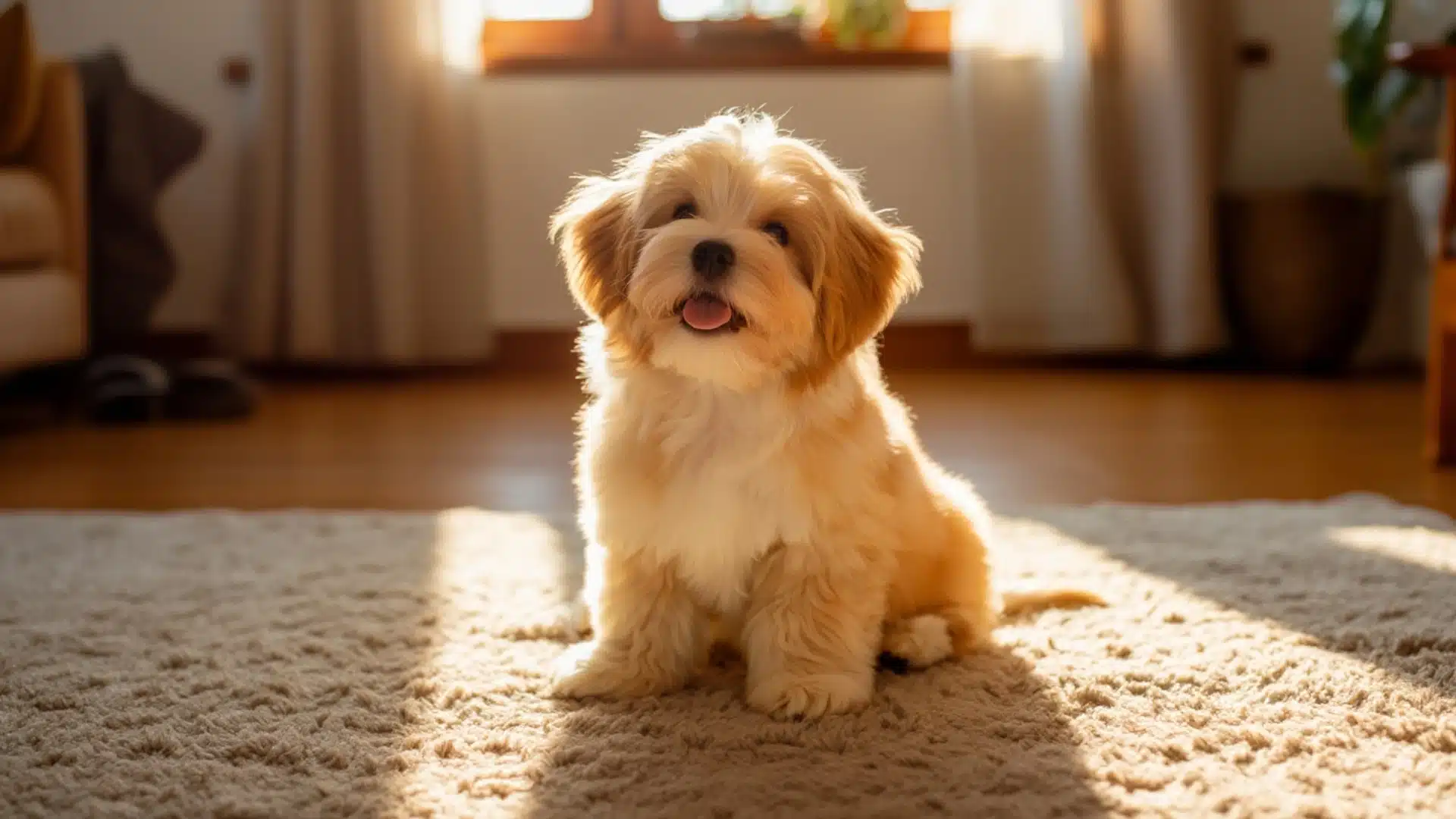 Fluffy tan and white Havanese puppy sitting on a plush rug in a sunlit living room with warm light from a window