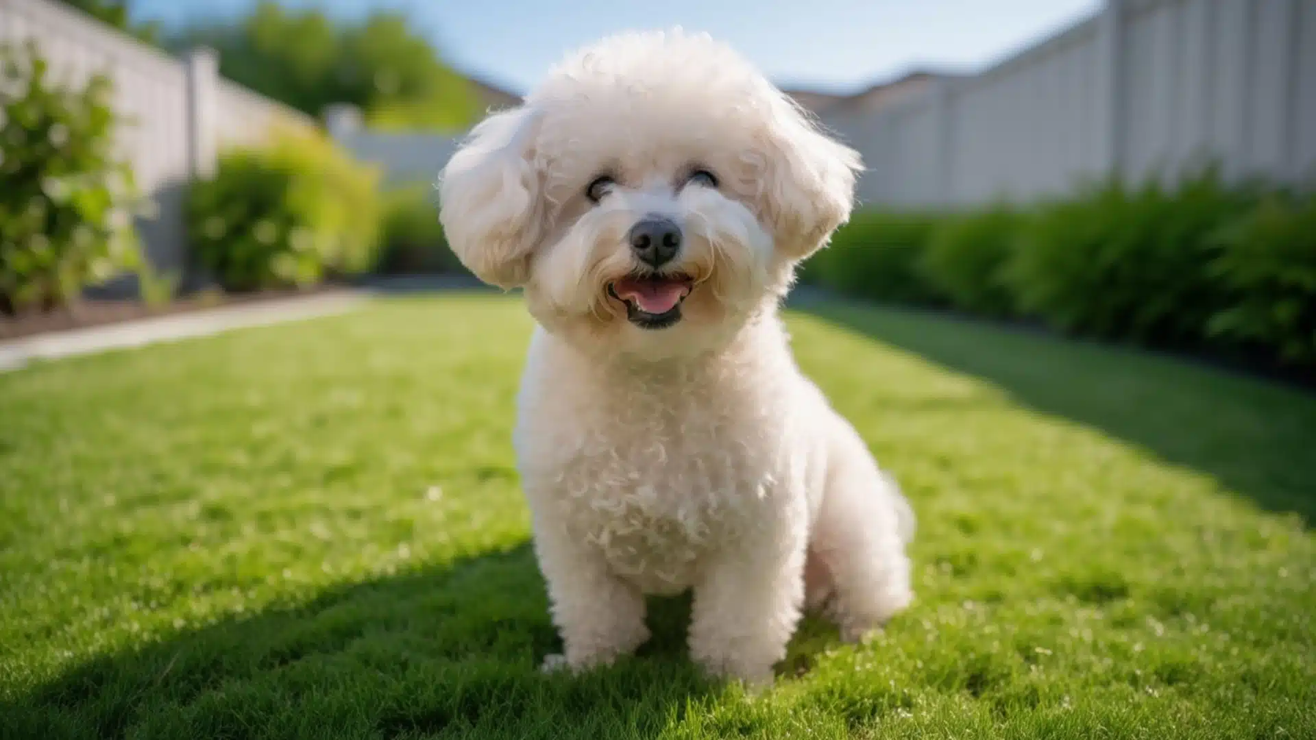 Fluffy white Bichon Frise dog sitting on a bright green lawn in a sunny backyard with a blurred fence background