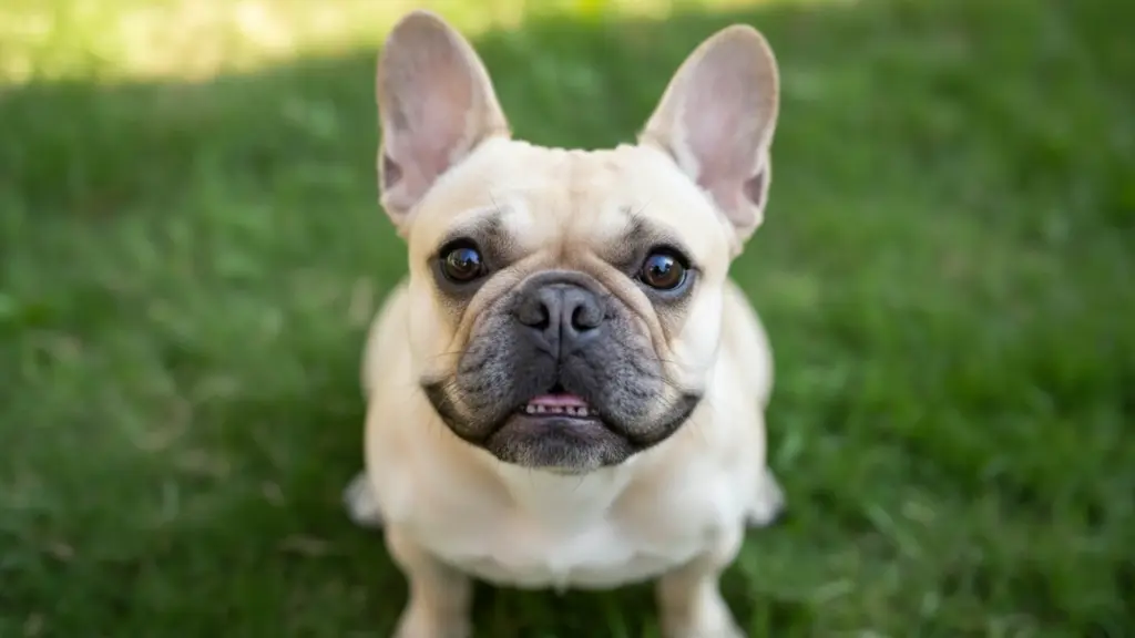 French Bulldog sitting on green grass, looking up with bat ears and expressive face outdoors