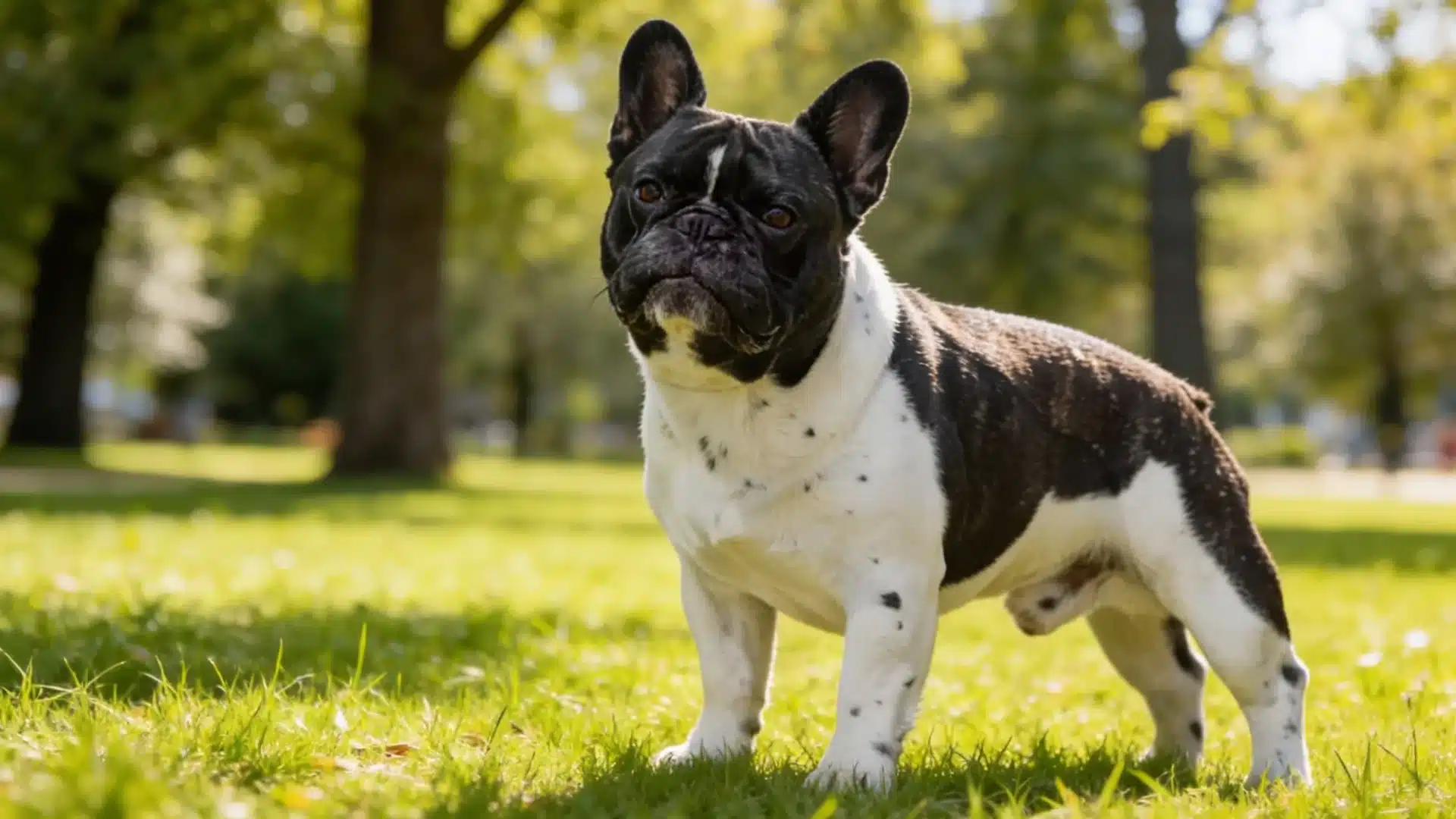 French Bulldog standing on green grass in park, black and white coat with upright ears