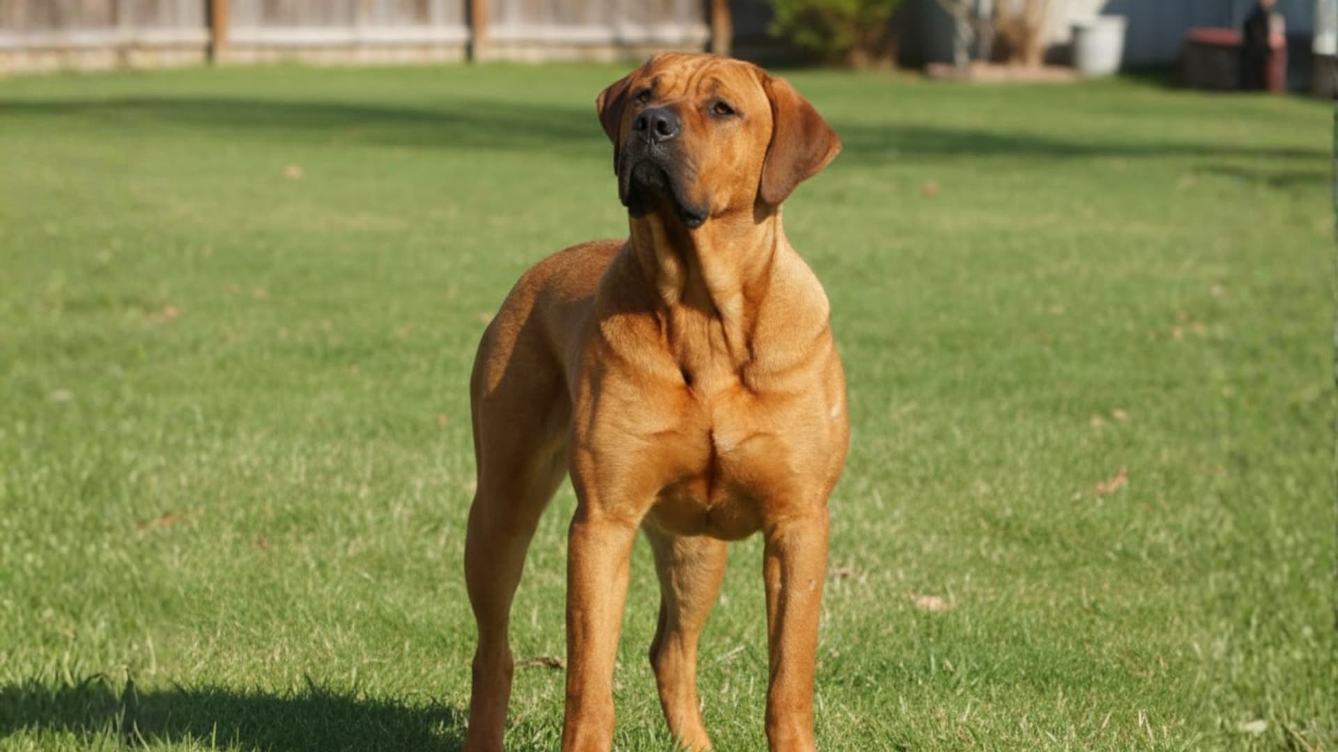 _GemA large, tan, muscular dog stands alert on a green lawn with a wooden fence background
