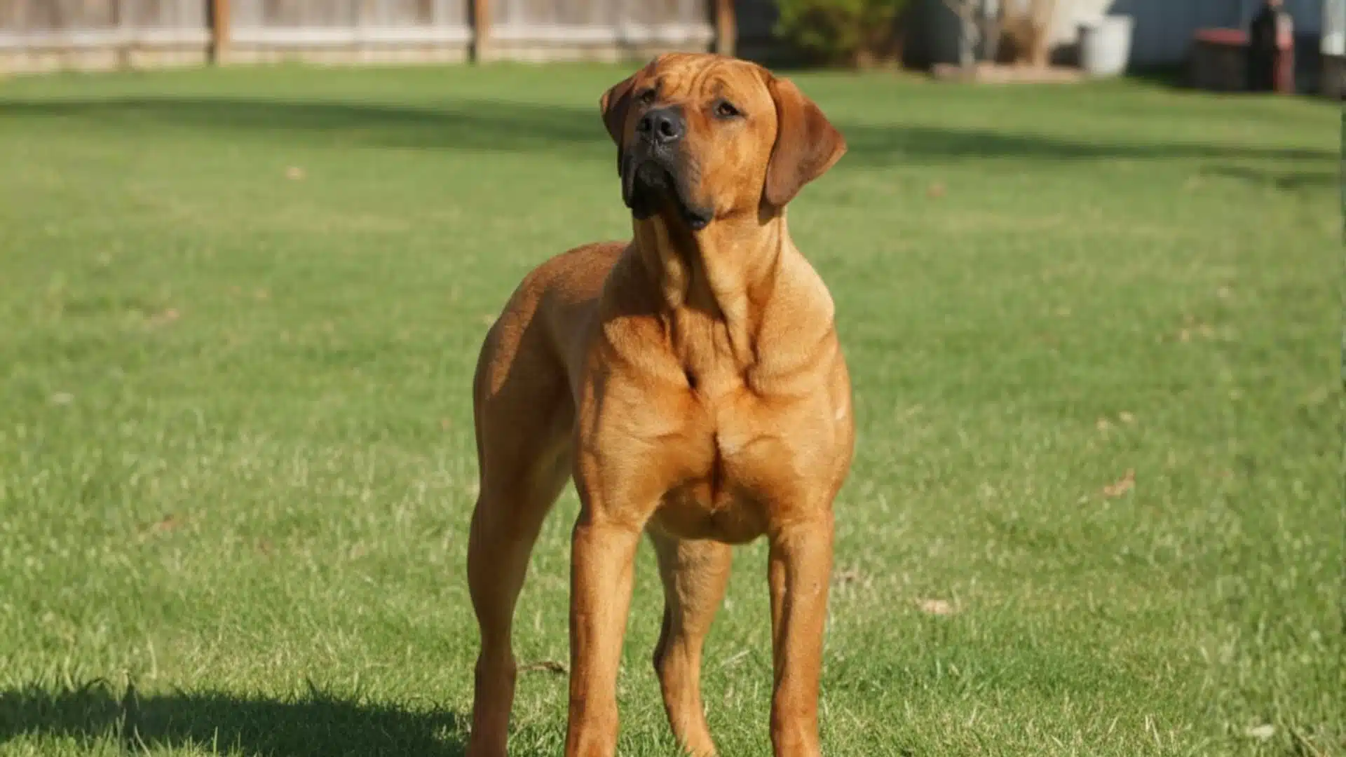 _GemA large, tan, muscular dog stands alert on a green lawn with a wooden fence background