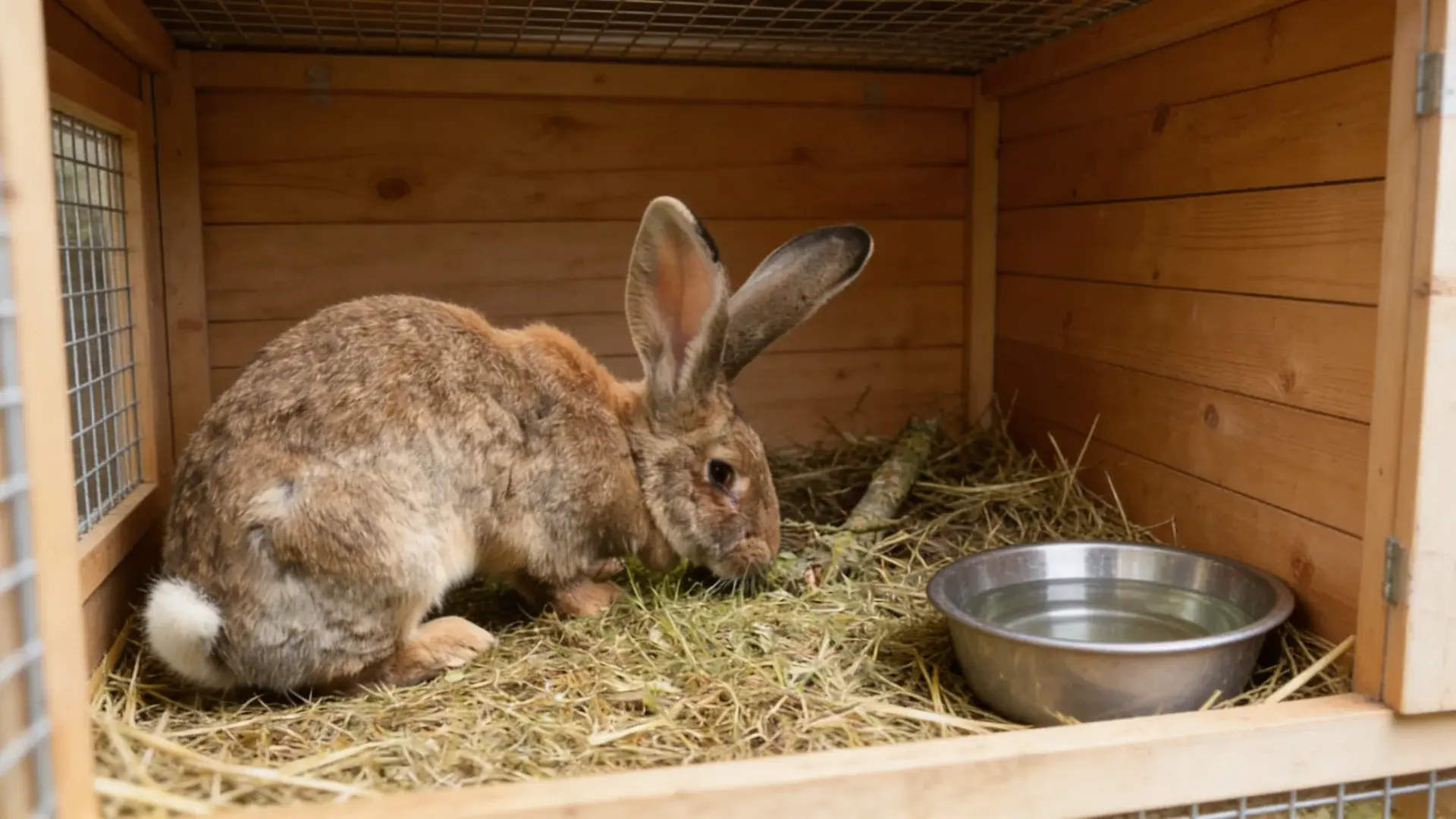 German Giant rabbit inside a wooden hutch eating hay with a metal water bowl beside it on straw bedding