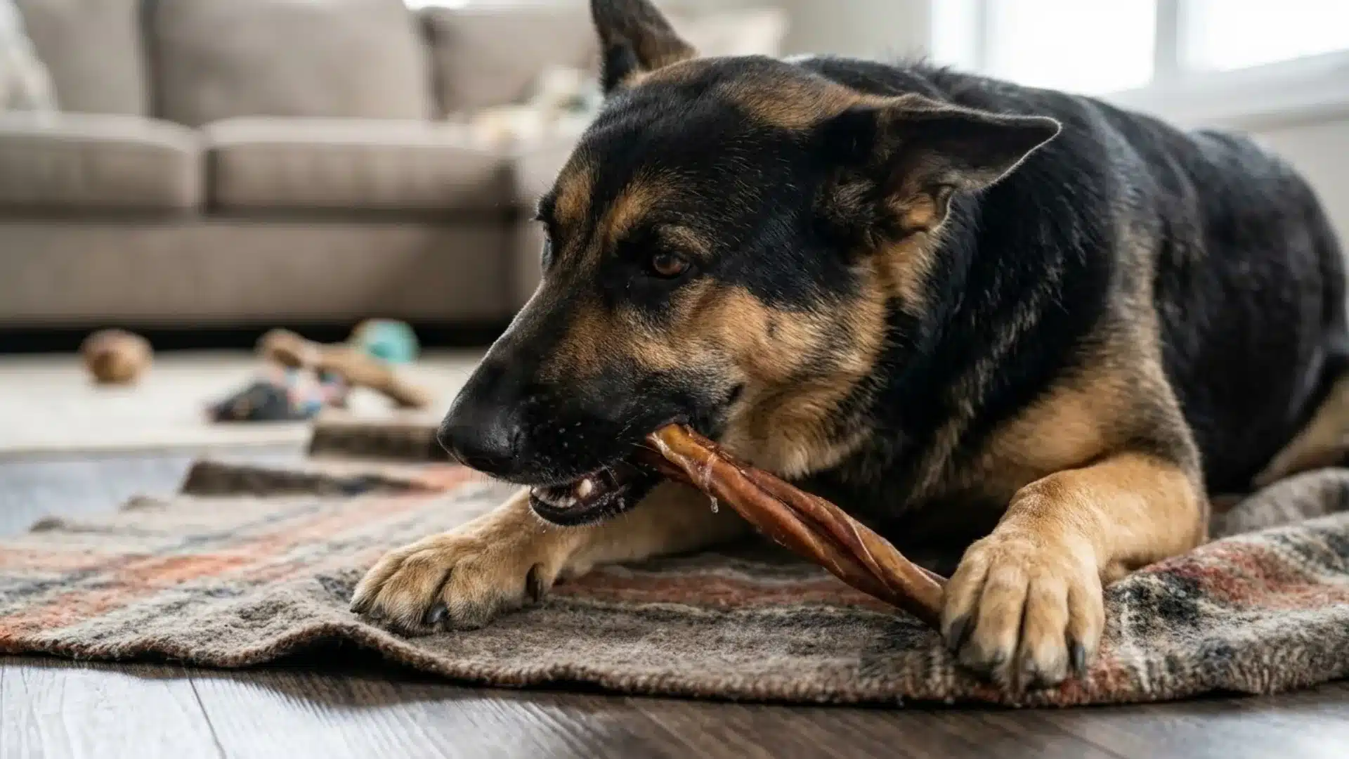 German Shepherd dog chewing a bully stick on a rug in a cozy living room with dog toys scattered in background