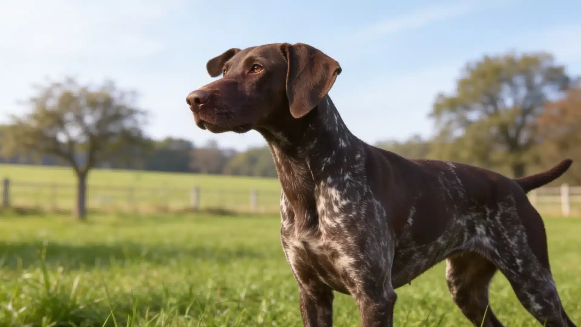 German Shorthaired Pointer standing alert on green grass field with brown and white spotted coat under clear sky