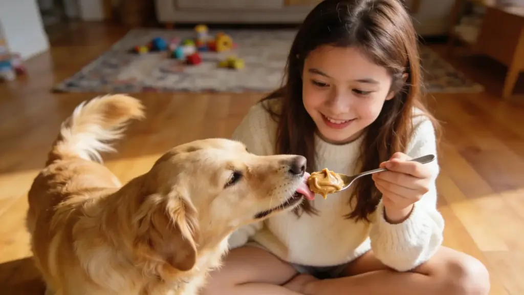 Girl feeding peanut butter to golden retriever with a spoon while sitting on wooden floor inside a cozy living room