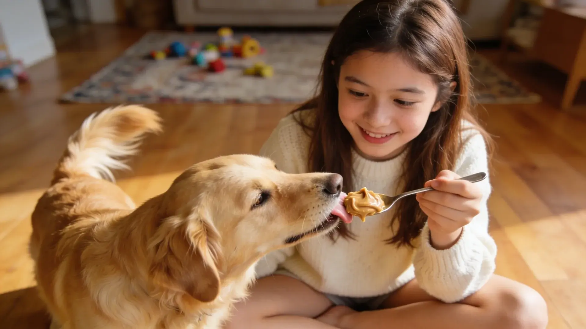 Girl feeding peanut butter to golden retriever with a spoon while sitting on wooden floor inside a cozy living room