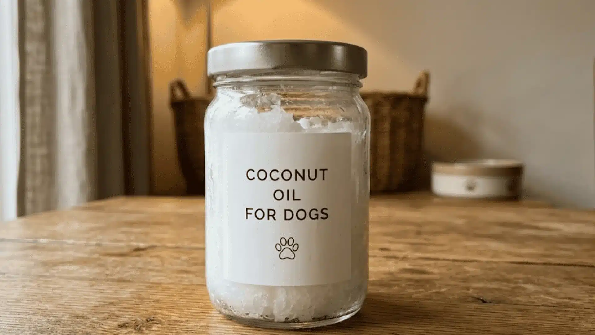 Glass jar labeled coconut oil for dogs placed on a wooden table