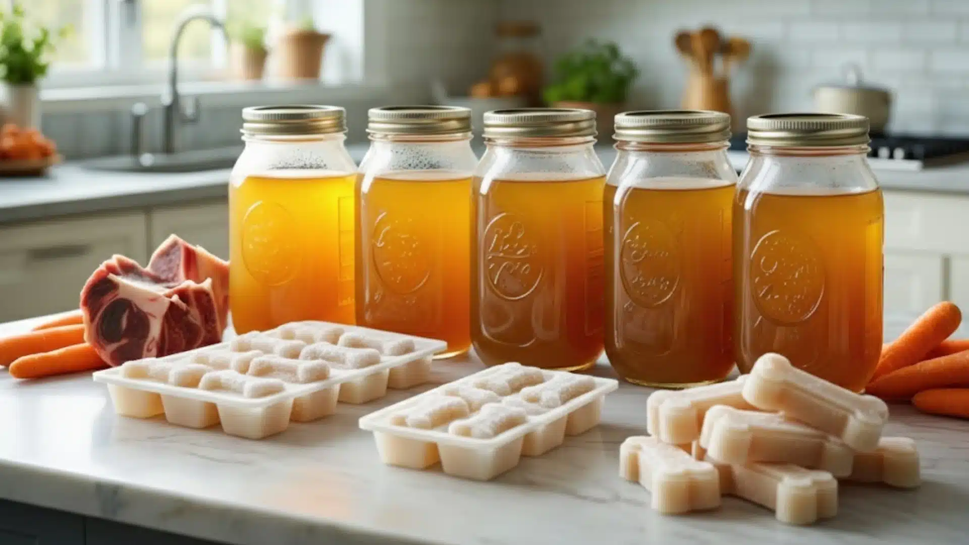 Glass jars of bone broth and frozen cubes on kitchen counter showing how to store bone broth safely